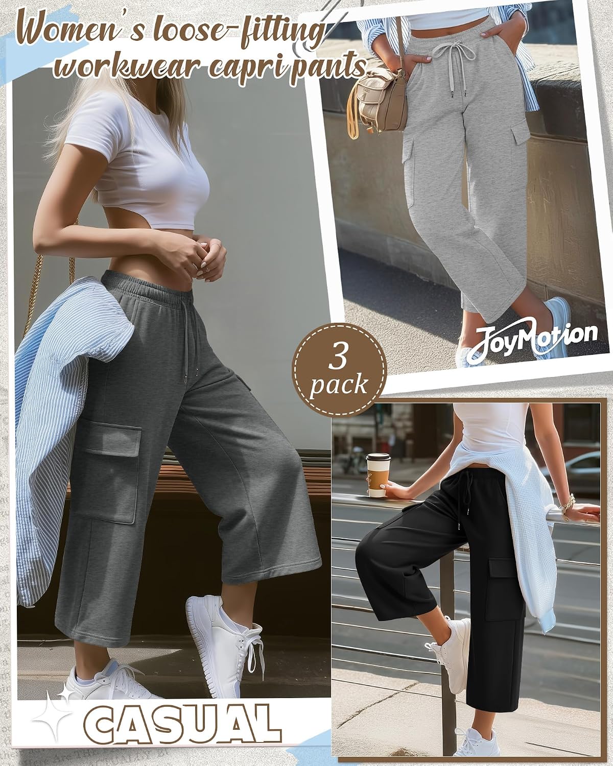 3 Pack Women Cargo Capris Wide Leg Loose Workout Active Pants Baggy Lightweight Cropped Sweatpants with Pockets