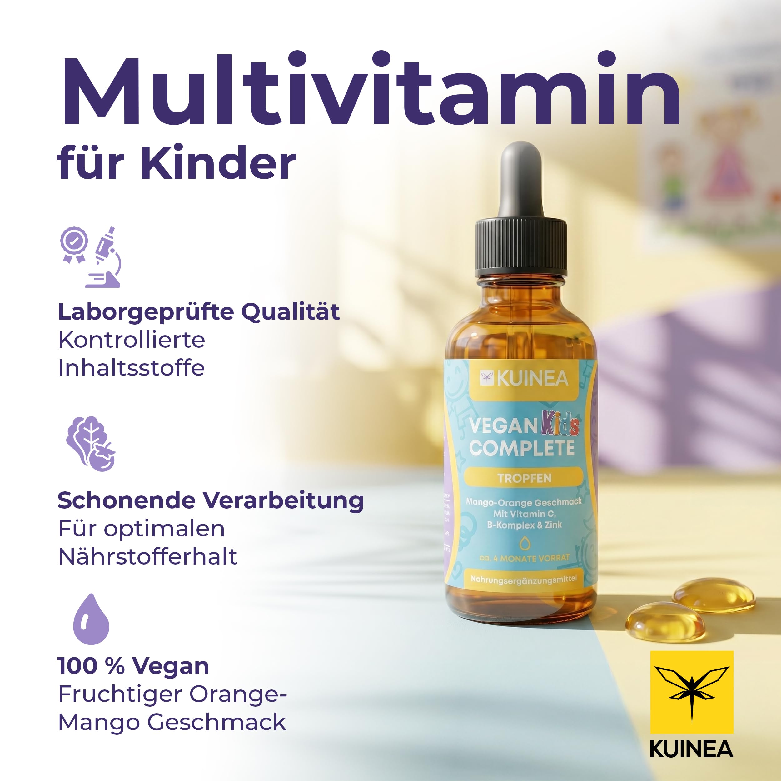 KUINEA Vegan Complete Familien-Bundle – Vitamin B12 Vegan 120 Kapseln + Vitamine für Kinder ab 3 Jahren Tropfen 20 ml – mit B-Vitaminen, D3, K2, Eisen, Zink, Jod & Selen