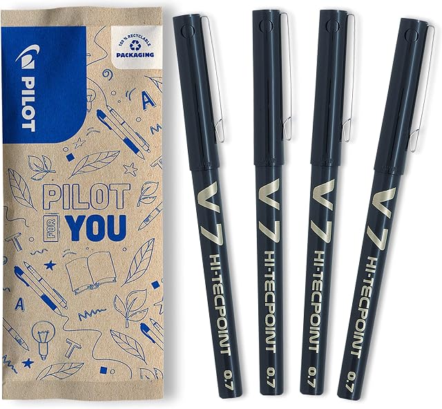 Pilot V7 Liquid Ink Rollerball 0.7mm Tip - Black (Pack of 4)