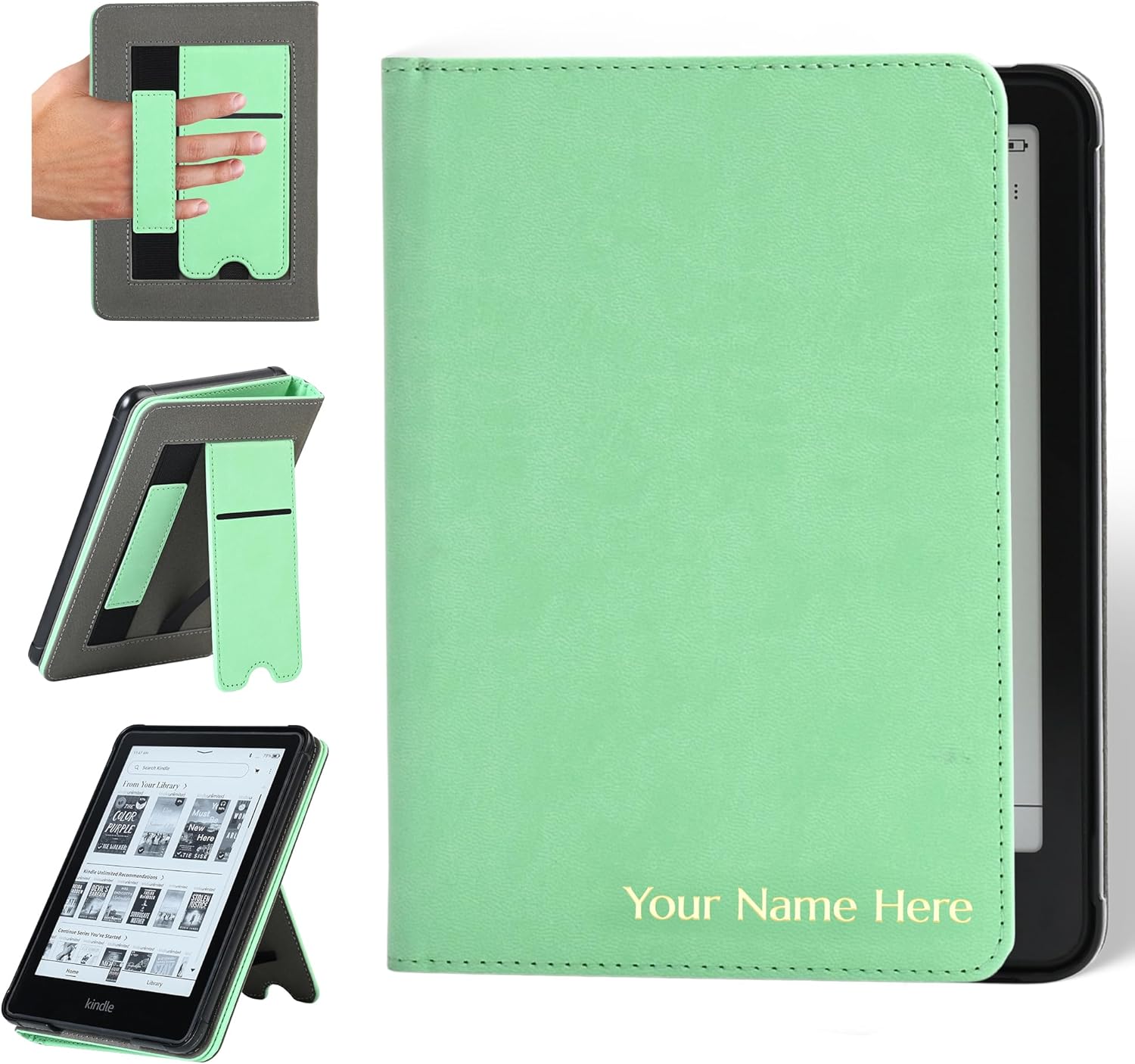 Promot Personalized Vegan Leather Case for Kindle Paperwhite 7" (12th Gen, 2024) & Kindle Colorsoft Signature Edition - Custom Name, Magnetic Closure, Stand, Hand Strap, Auto Sleep/Wake (Sage)