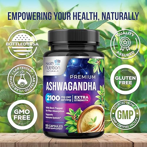 Miniatura 4 de Suplemento Ashwagandha de 2100 mg - Extracto de raíz de hierbas extra fuerte, los mejores suplementos de Ashwagandha para hombres y mujeres,