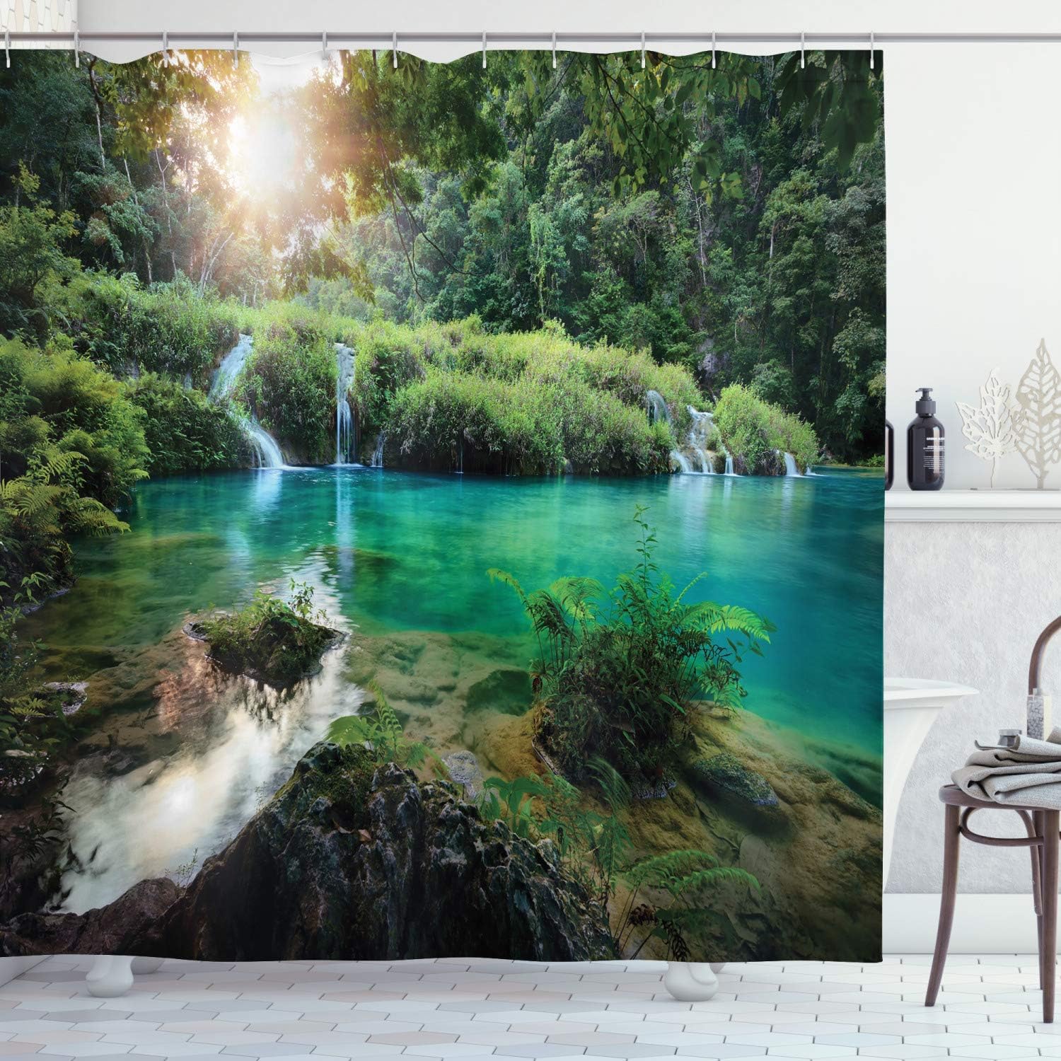 Ambesonne Lake Forest Shower Curtain, Guatemala Evergreen Forest and Pure Lake Scenery Sunrise, Cloth Fabric Bathroom Decor Set with Hooks, 69" W x 70" L, Emerald Teal