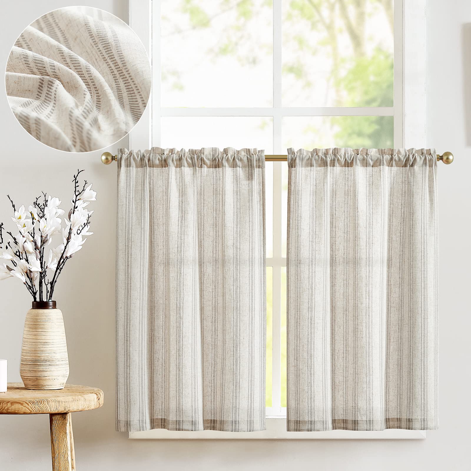 TOPICK Striped Light Filtering Privacy Kitchen Curtains, Short Curtain Tiers for Living Room Bedroom, Bathroom, Cupboard