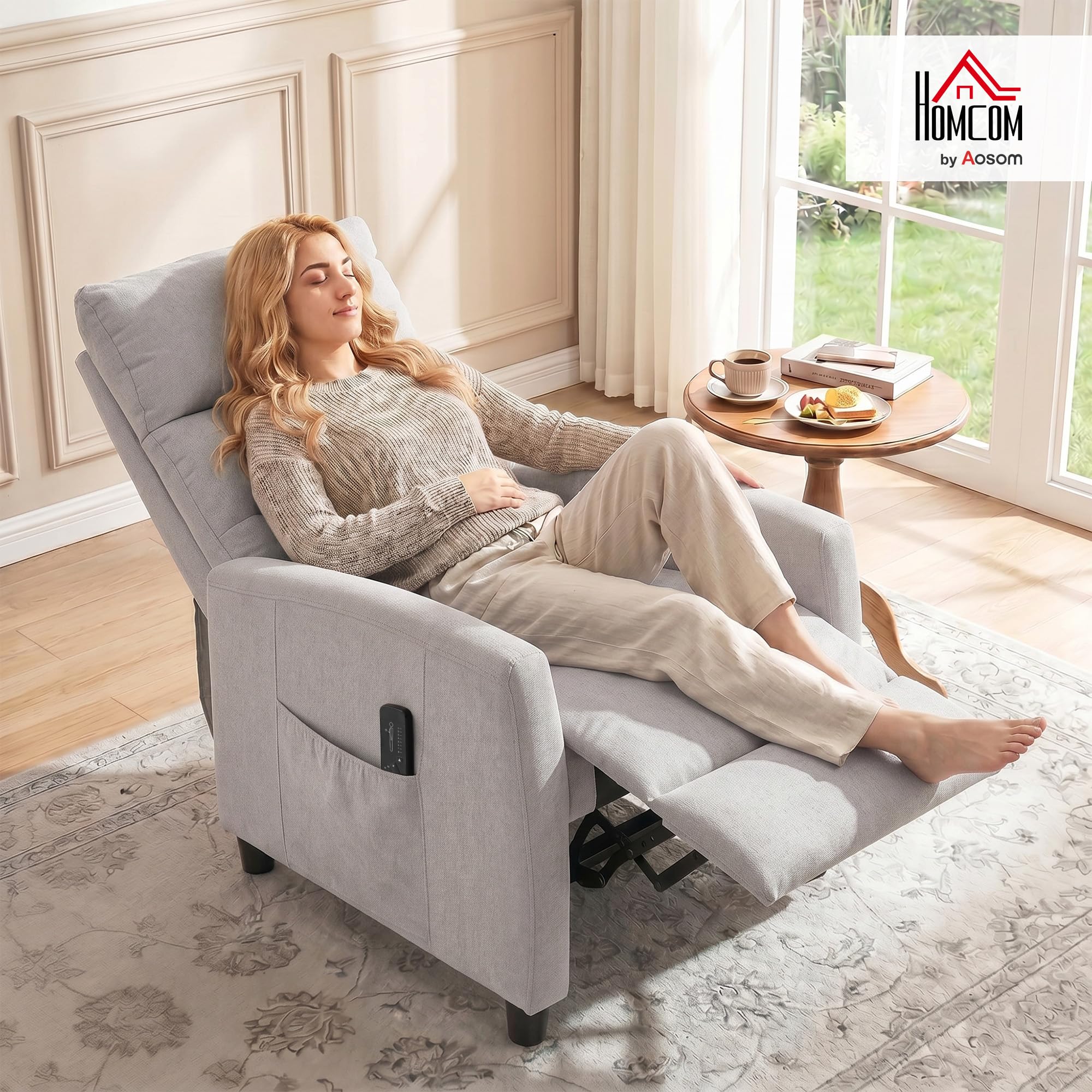 HOMCOM Sillón de Masaje Reclinable 160° Reposapiés 66x91x108 cm Gris Claro | Sillón Relax Reclinable, Mando a Distancia, 2 Zonas de Masaje, Respaldo Alto, Asiento Muelles, Bolsillos, Tapizado Chenilla