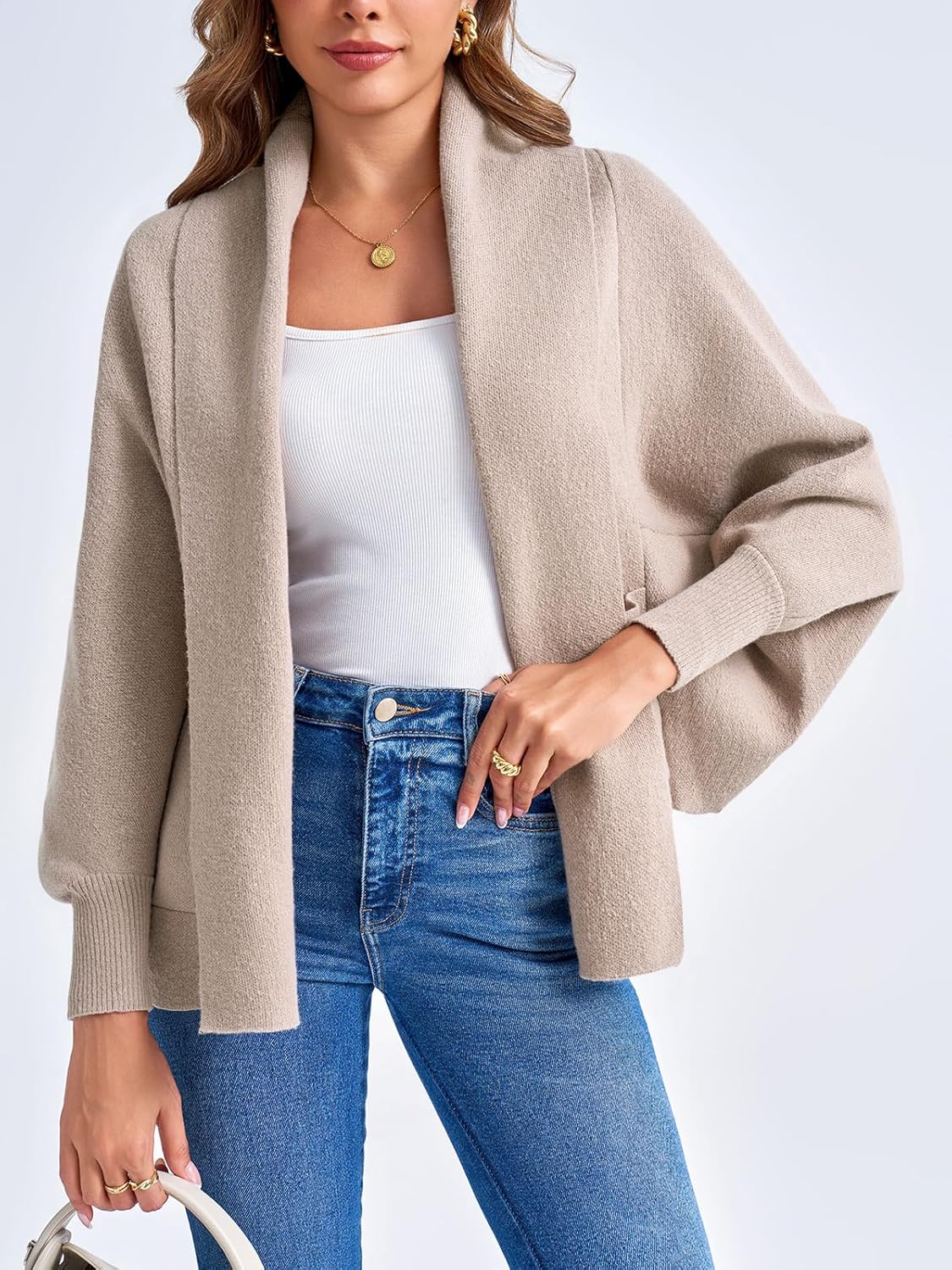 Saodimallsu Womens Open Front Cardigan Batwing Long Sleeve Shawl Chunky Knit Loose Fall Poncho Sweater Coats - Image 2