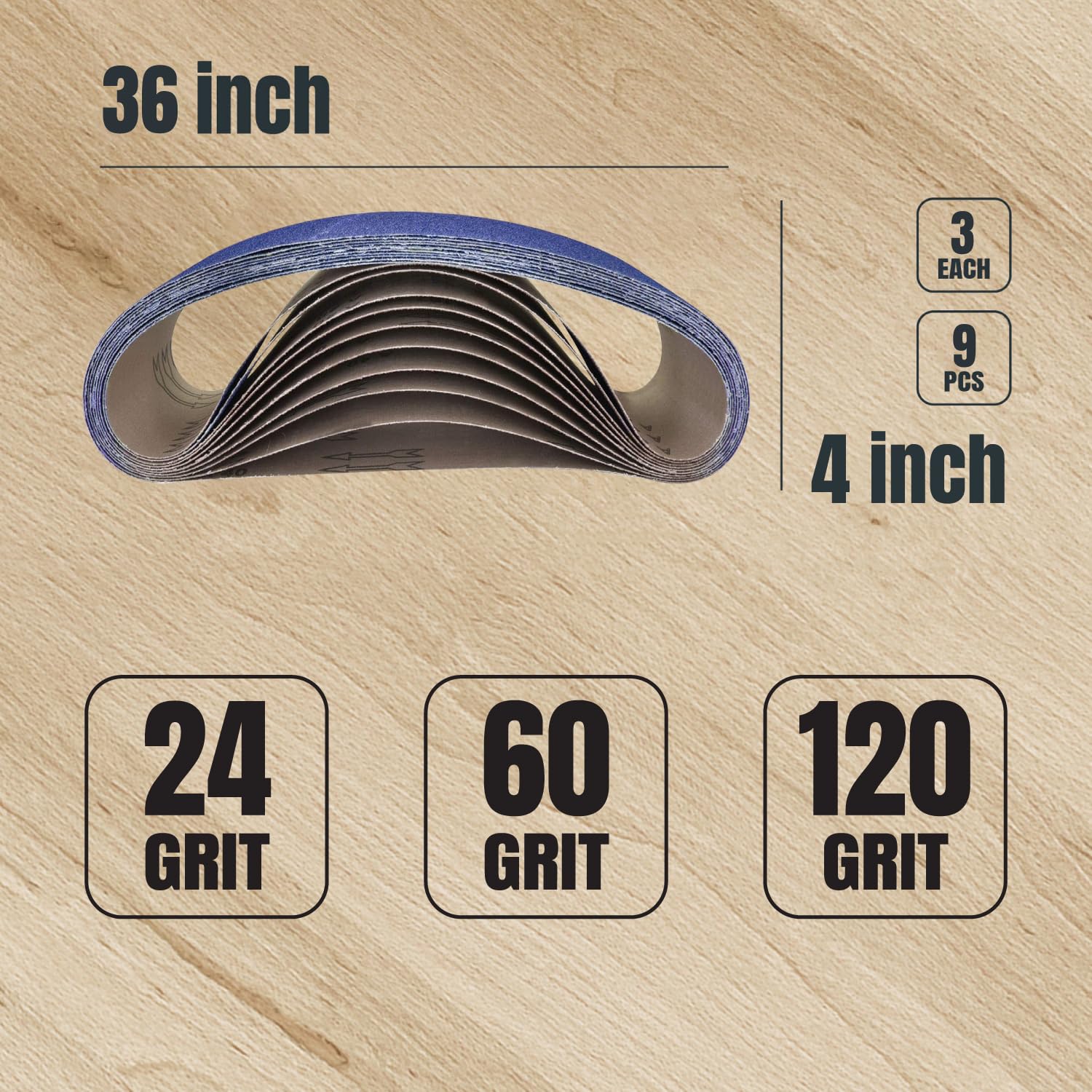 POWERTEC 443620Z - Bandas de lijado de circonia de molienda de metal de 4 x 36 pulgadas, surtido de 3 de cada uno de grano 24/60/120, 9 unidades