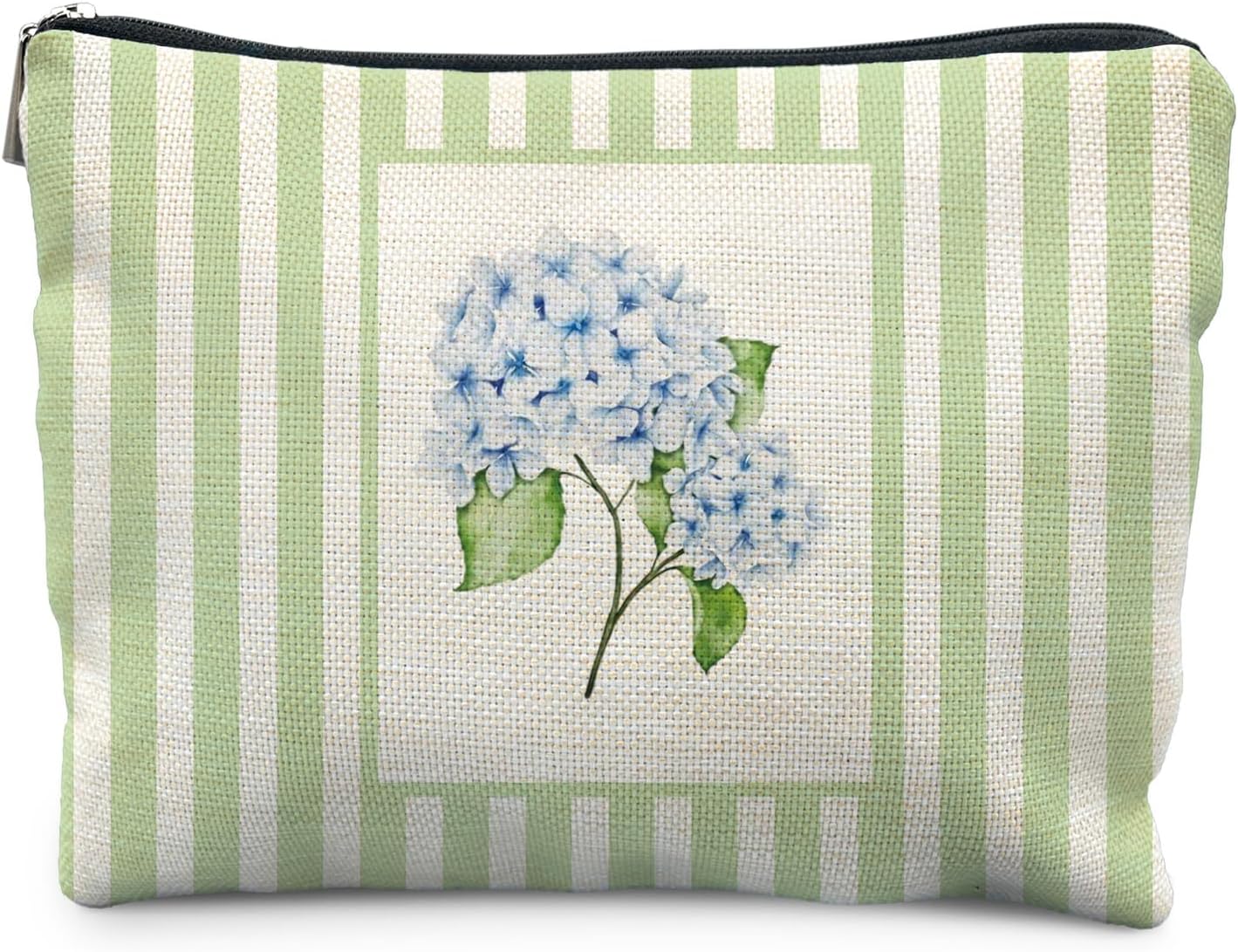 Blue Hydrangea Floral Makeup Bag for Women, Hydrangea Gifts, Cottagecore Botanical Blue Flower Green Striped Cosmetic Bag for Purse, Floral Makeup Zipper Pouch