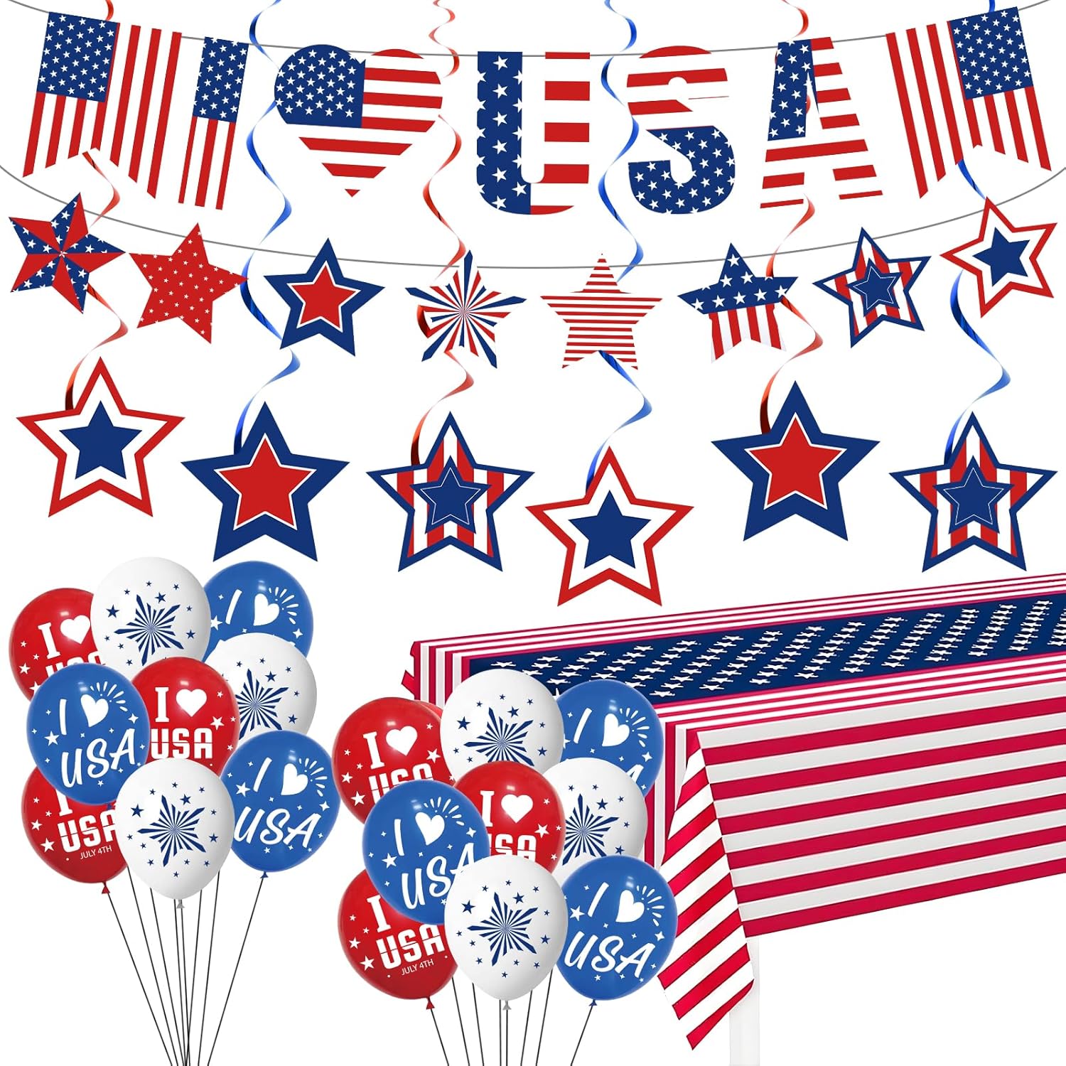 Blue White and Red Birthday Decorations 4th of July Patriotic Party Supplies Independence Day Military Going Away Party Banner Patriotic Balloons Hanging Swirls Table Cloth for Independence Day