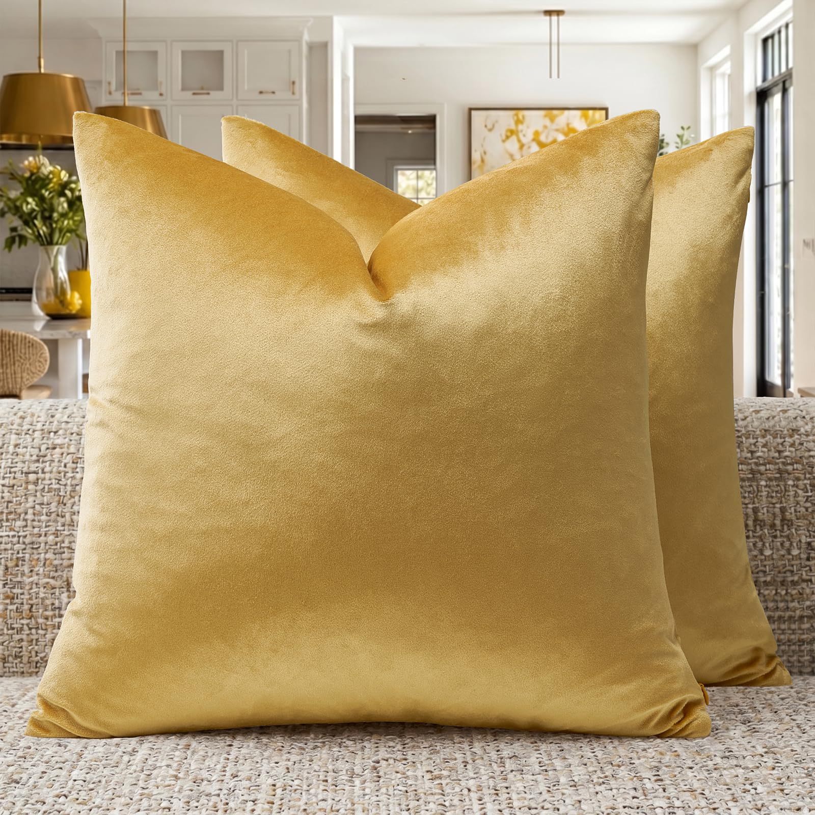 GIGIZAZA Yellow Velvet Decorative Throw Pillow Covers for Sofa Bed 2 Pack Soft Cushion Cover โ image 1