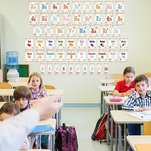 Miniatura 7 de ZOIIWA Juego de 56 tablones de anuncios retro con letras del alfabeto y números, tarjetas educativas hippie, tarjetas del alfabeto ABC Groovy de 1 a