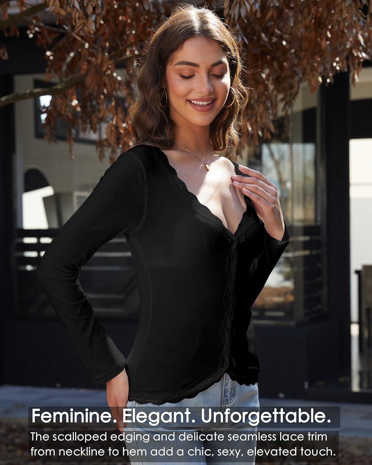 Cardigan for Women Cropped Lightweight V Neck Ribbed Going Out Tops Button Down Shirts Lace Trim Long Sleeve Tops - Image 5