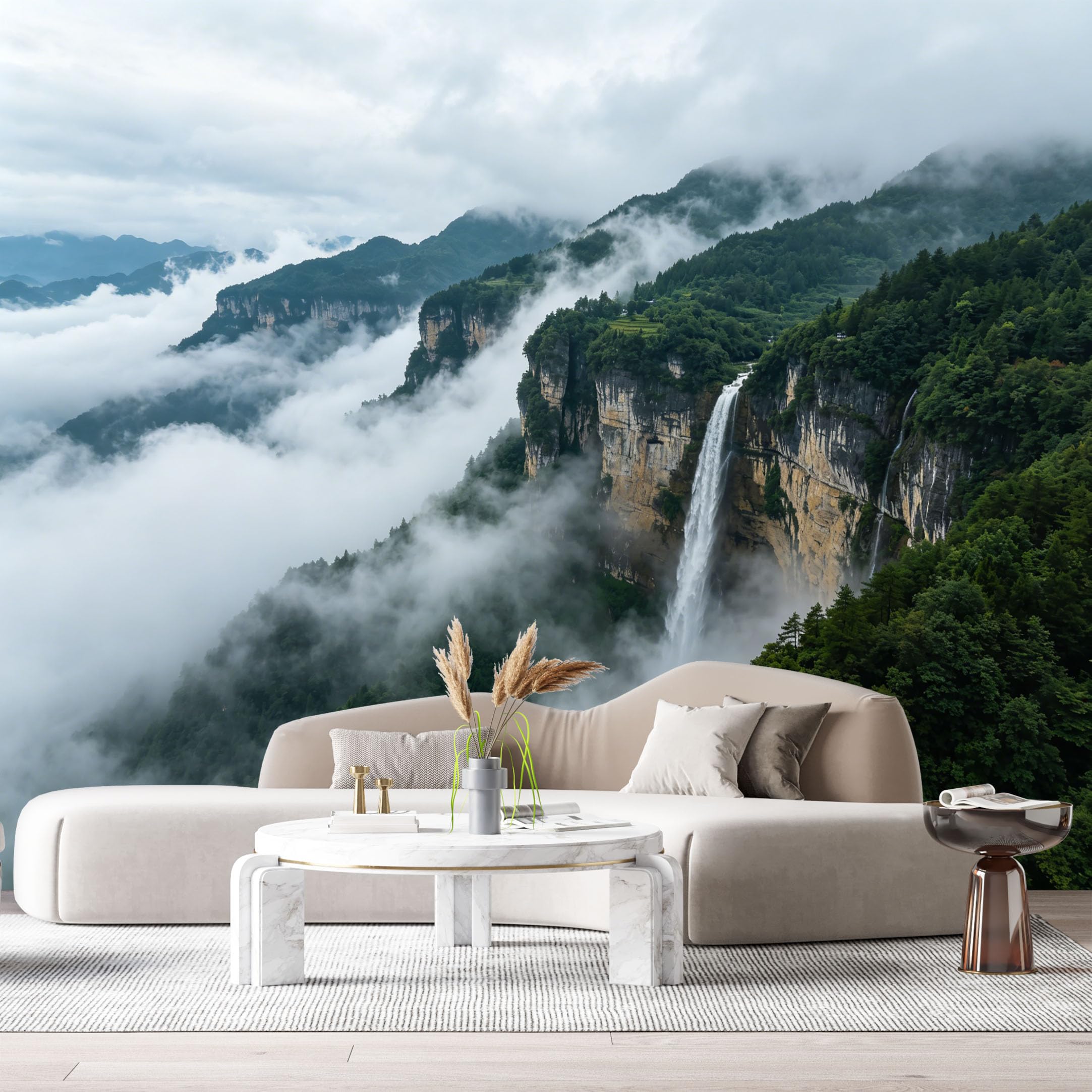 Custom Size Wall Murals Misty Mountain Waterfall Landscape Forest Cliff SelfAdhesive Wall Fabric Removable Large Wallpaper for Photo Living Room Decoration Background