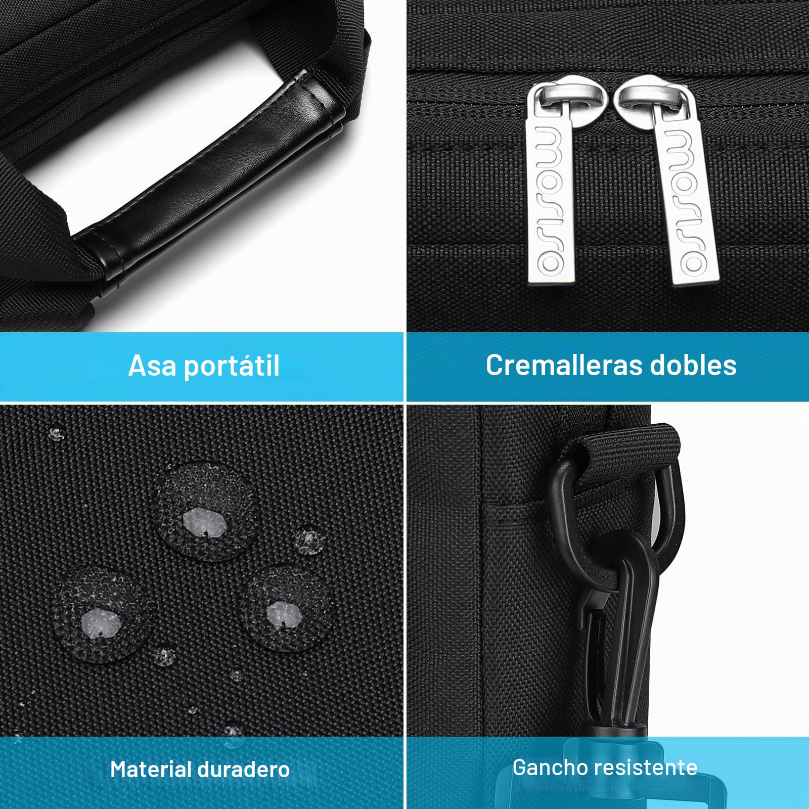MOSISO Bolso Bandolera Portátil, Maletín con 2 Bolsillos Elevados&1 Solapa&1 Bolsillo Horizontal&Asa&Cinturón, Compatible con MacBook HP Lenovo Dell ASUS Acer, Negro, 16 Pulgadas