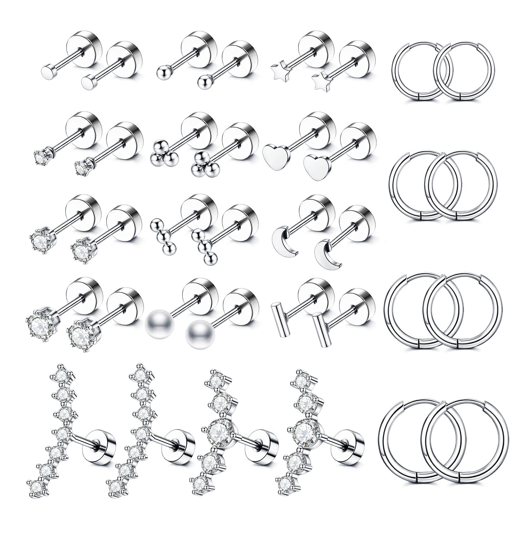 SAMOCO Hypoallergenic Flat Back Stud Earrings for Women Men 14K Gold Surgical Stainless Steel Earrings Small Flatback Stud Hoop Screw Back Cartilage Earring Sets for Multiple Piercing