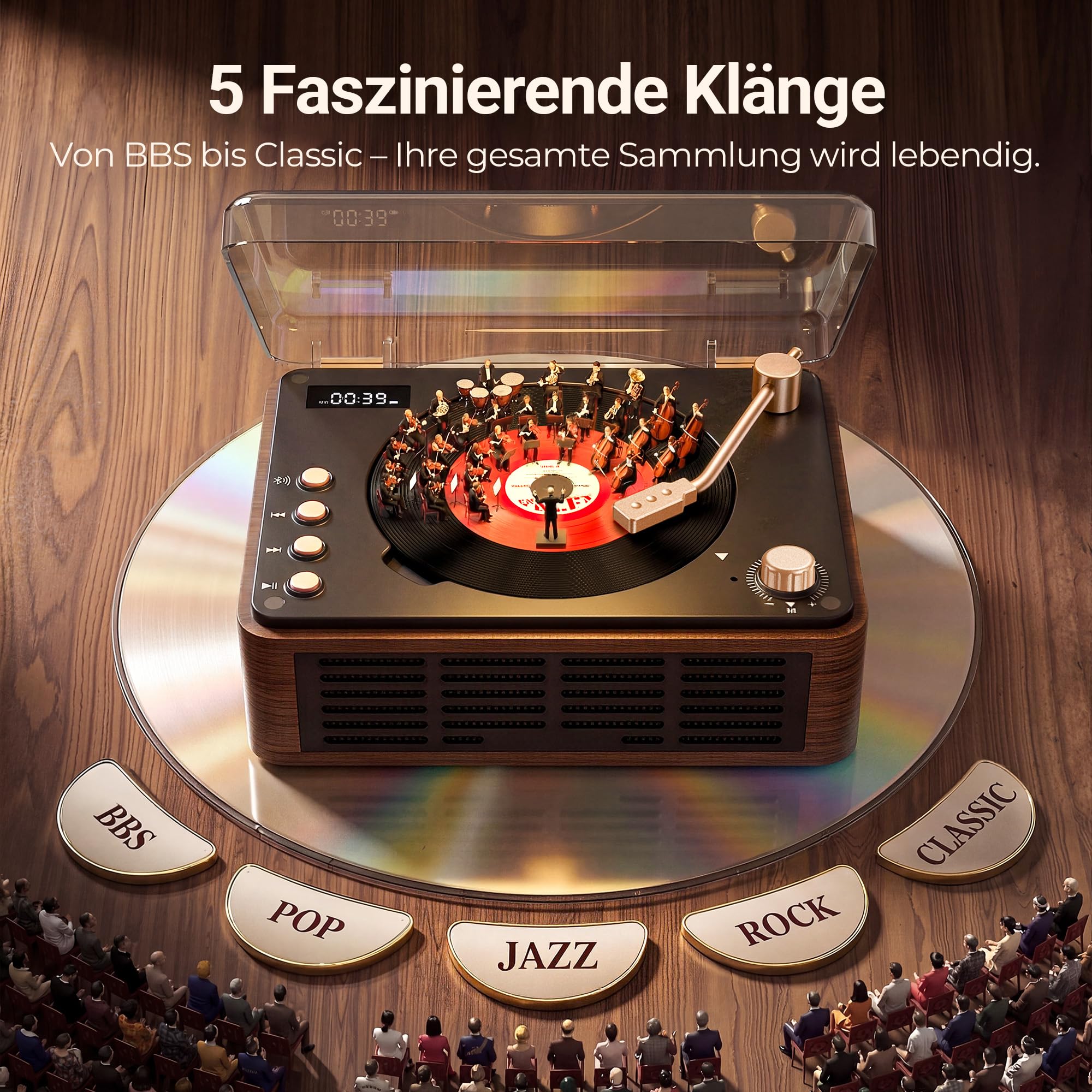 POFOTO Tragbarer CD-Player mit Bluetooth 5.3, Langer Akku, Bluetooth-Lautsprecher, LCD-Display, unterstützt Radio/USB/AUX, Vintage Desktop CD Spieler mit Lautsprecher – für Zuhause/Geschenk