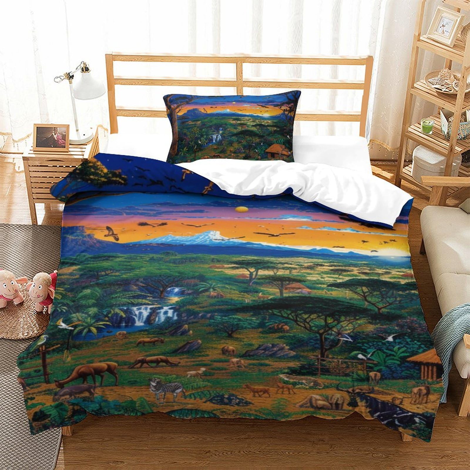 Housse de couette avec fermeture éclair animaux de la jungle 3D pour lit simple enfant