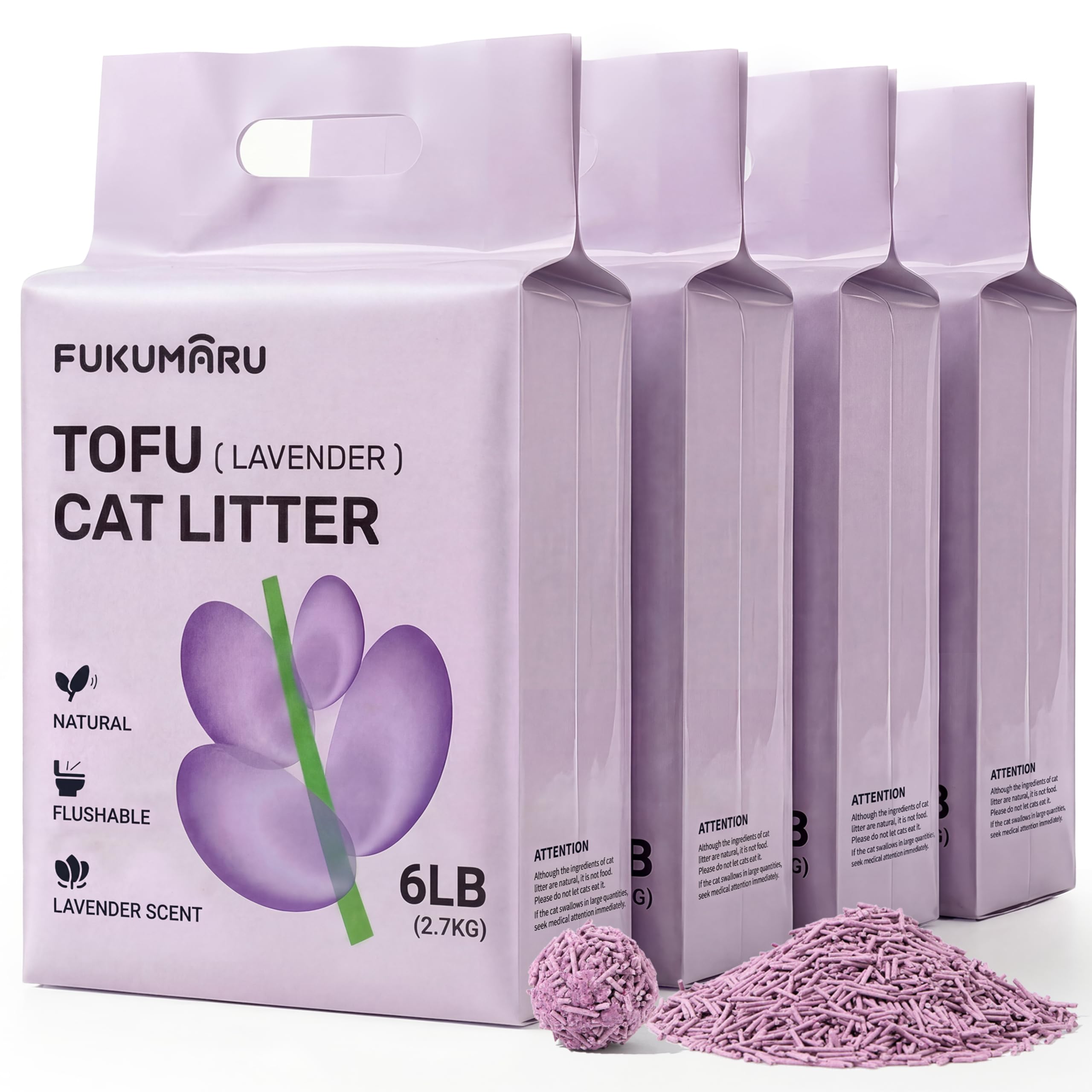 FUKUMARU Litière pour Chat au Tofu, Parfum Lavande, Agglomération Ferme, Contrôle Naturel des Odeurs, Faible Poussière, Granulés Végétaux Jetables aux Toilettes, 2,7kg x 4