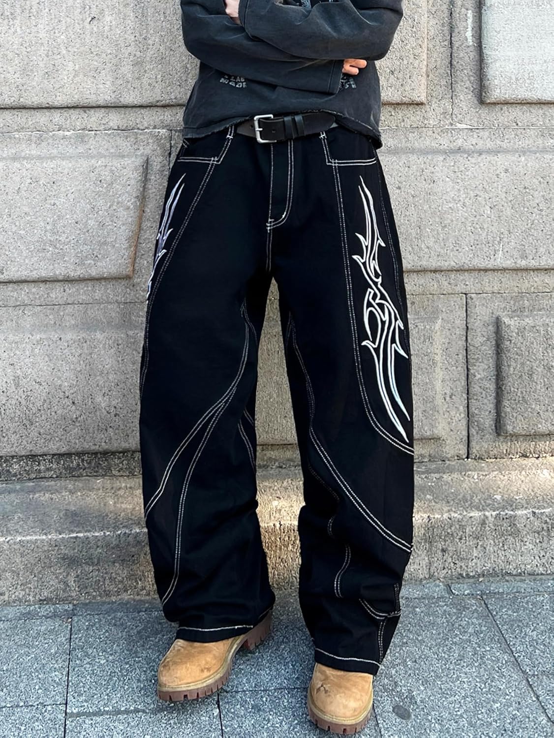 Men's Hip-hop Embroidered Baggy Jeans Loose Fit Denim Black Trousers - Image 2