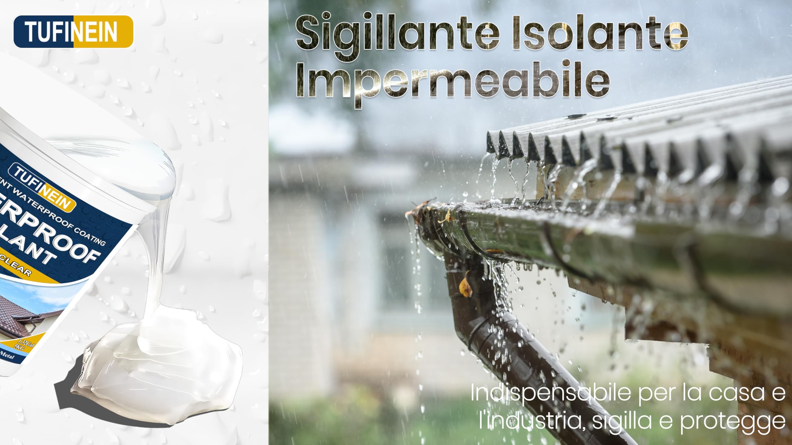 Sigillante Impermeabile Liquido 5KG, TUFINEIN Rivestimento Impermeabile Trasparente Impermeabilizzante Trasparente Guarnizione di Perdite, Interno ed Esterno Colla Impermeabile
