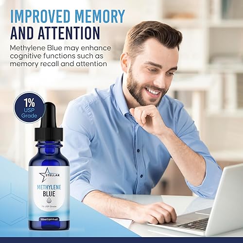 Miniatura 3 de Azul de metileno 1% USP grado farmacéutico  Botella de vidrio de 1.7 fl oz (1.69 fl oz)  Probado por terceros, sin formaldehído, suplemento de salud