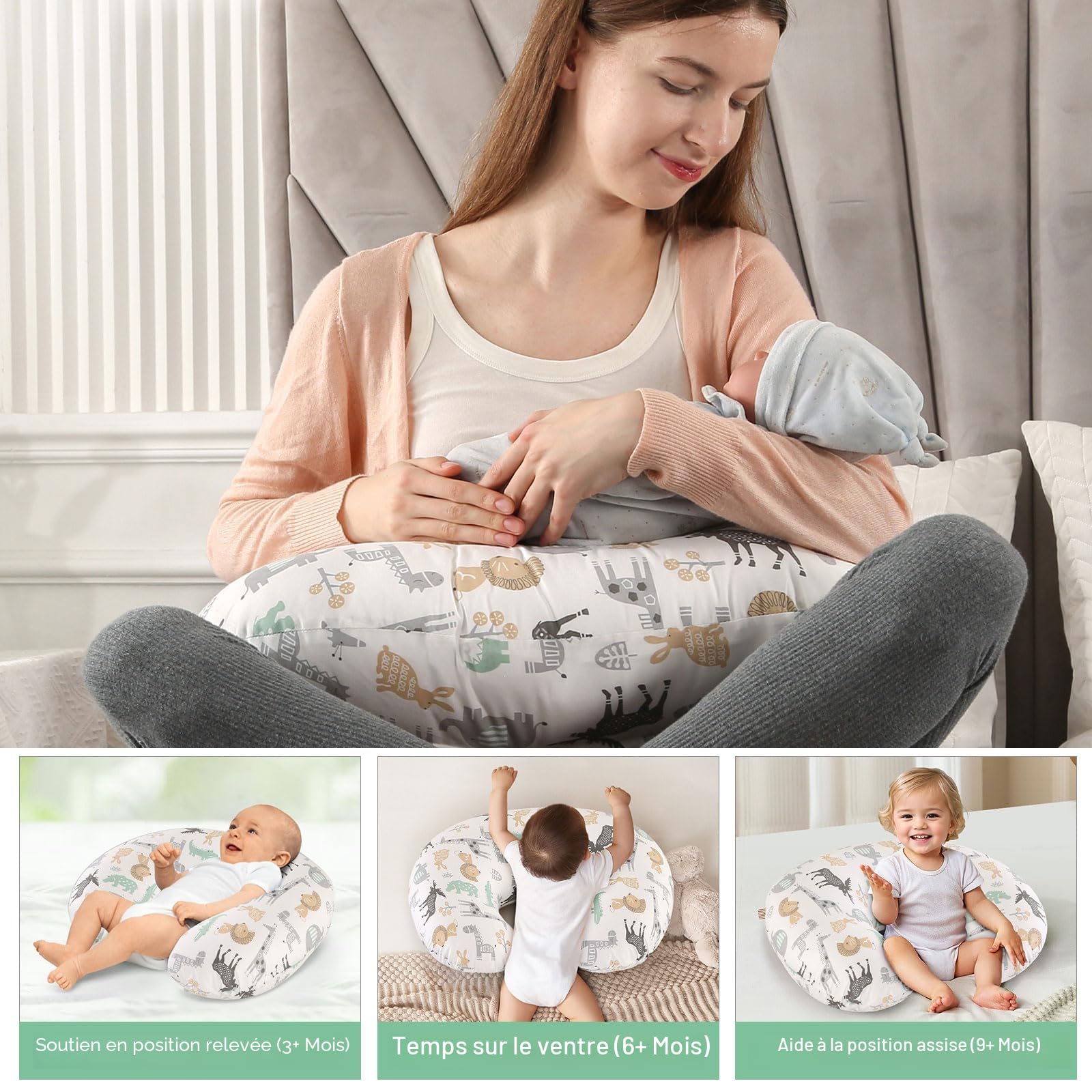 Coussin d'allaitement, Essentiels d'allaitement Ergonomiques pour le Biberon et L'Allaitement, Rembourrage en Fibres et Housse Amovible en Coton 100% Biologique, Lavable en Machine (Parc Animalier)