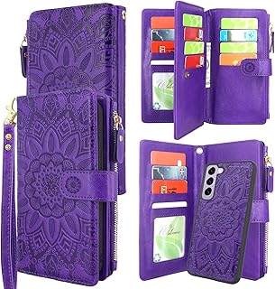 Harryshell Detachable Magnetic Zipper Wallet Leather Case with Cash Coin Pocket 12 Card Slots Holder Wrist Strap Lanyard for Samsung Galaxy S23 5G (2023) (Flower Purple)