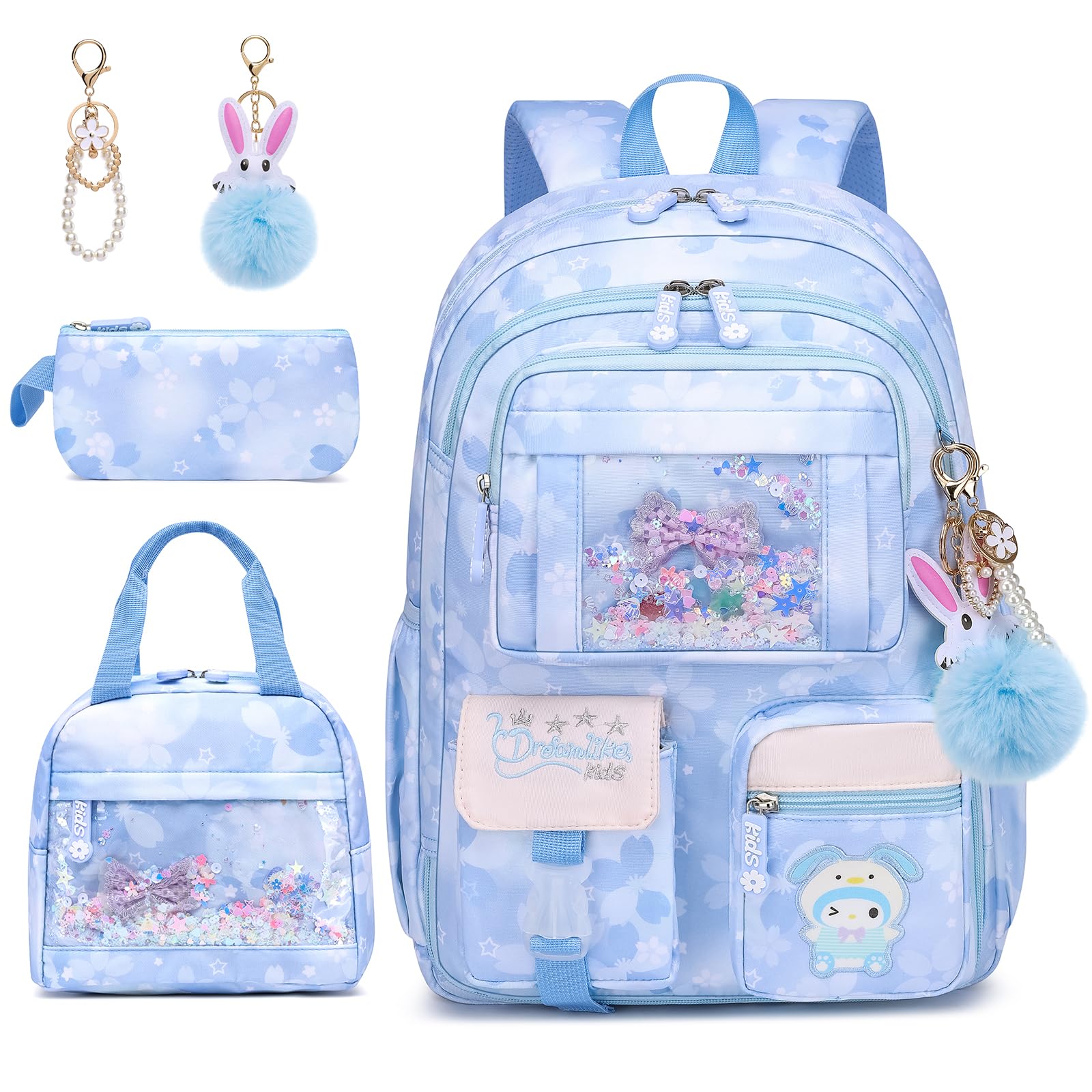 KEBEIXUAN Set Mochila Escolar Niña 3 Piezas para Colegio, Mochila Infantil Primaria con Fiambrera y Estuche, Apertura 180°, Ligera 26L, Cabe A4-6-10 Años (conjunto azul)