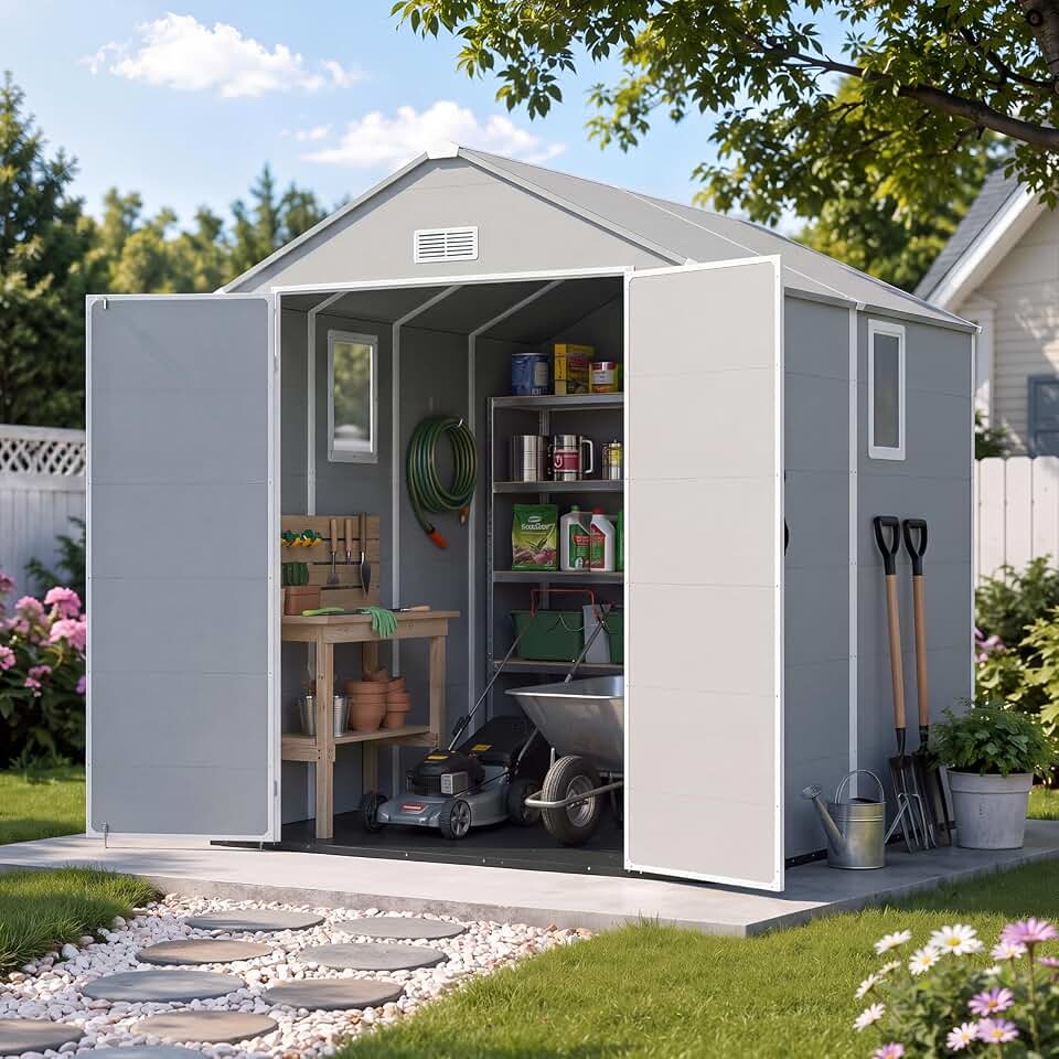 Aoxun 6x8FT Resin Outdoor Storage Shed, Outdoor Sheds with Floor, Gray