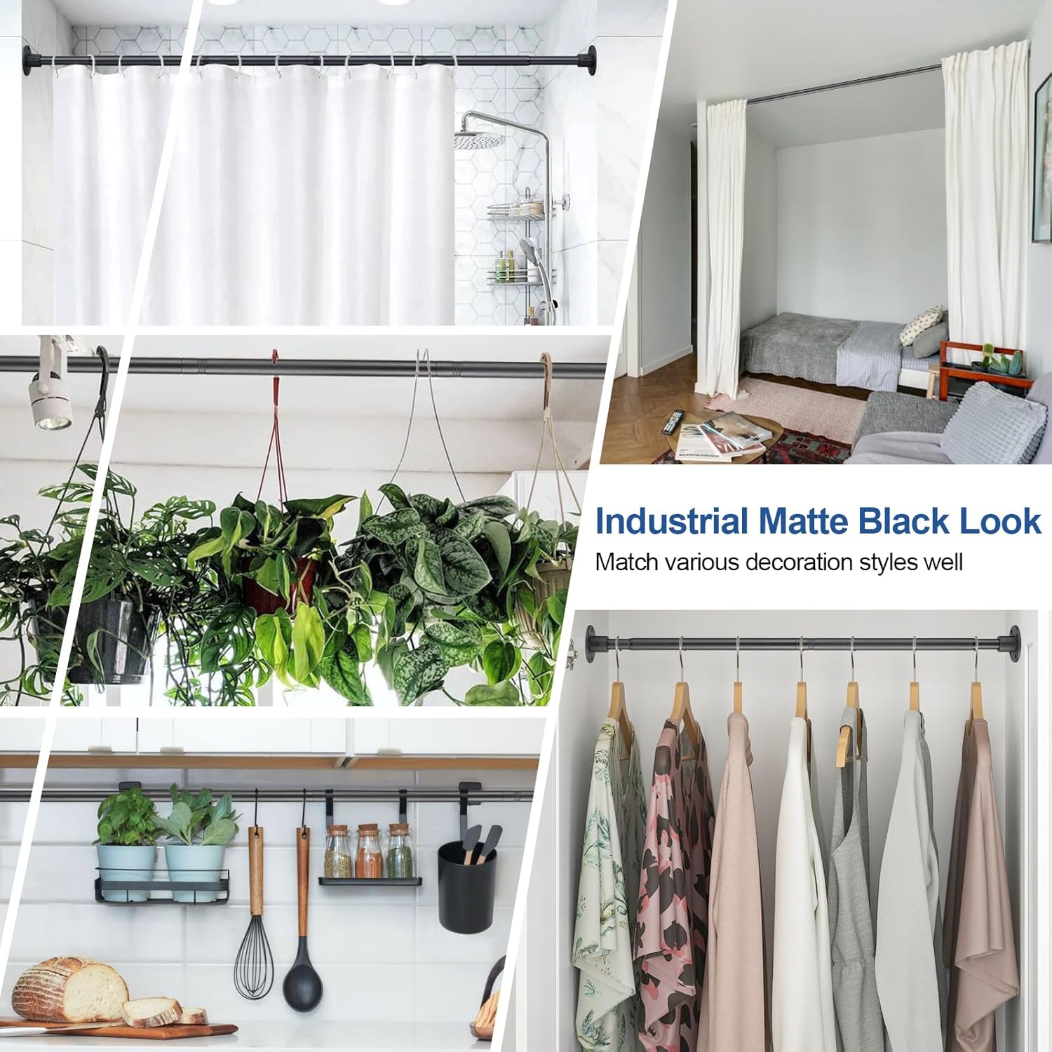 Heavy Duty Shower Curtain Rod - 28 to 76" Fixed Shower Curtain Rod Wall Mounted - Adjustable Extendable Rustproof for Bathroom,Room Divider,Bedroom,Doorway - Matte Black 2 Pack
