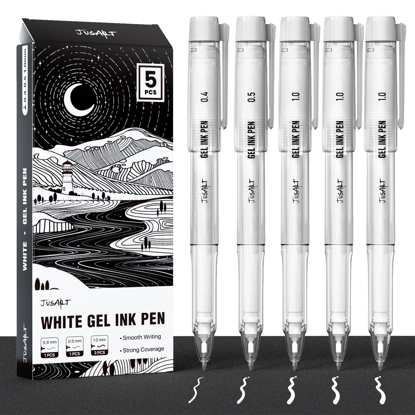 JusArt White Gel Pens with 0.4mm, 0.5mm & 1.0mm Assorted Tips, Opaque White Ink Pens for Black Paper, Drawing, Journaling & DIY Crafts, Ideal Drawing Pens for Artists & Art Supplies, 5 Pack
