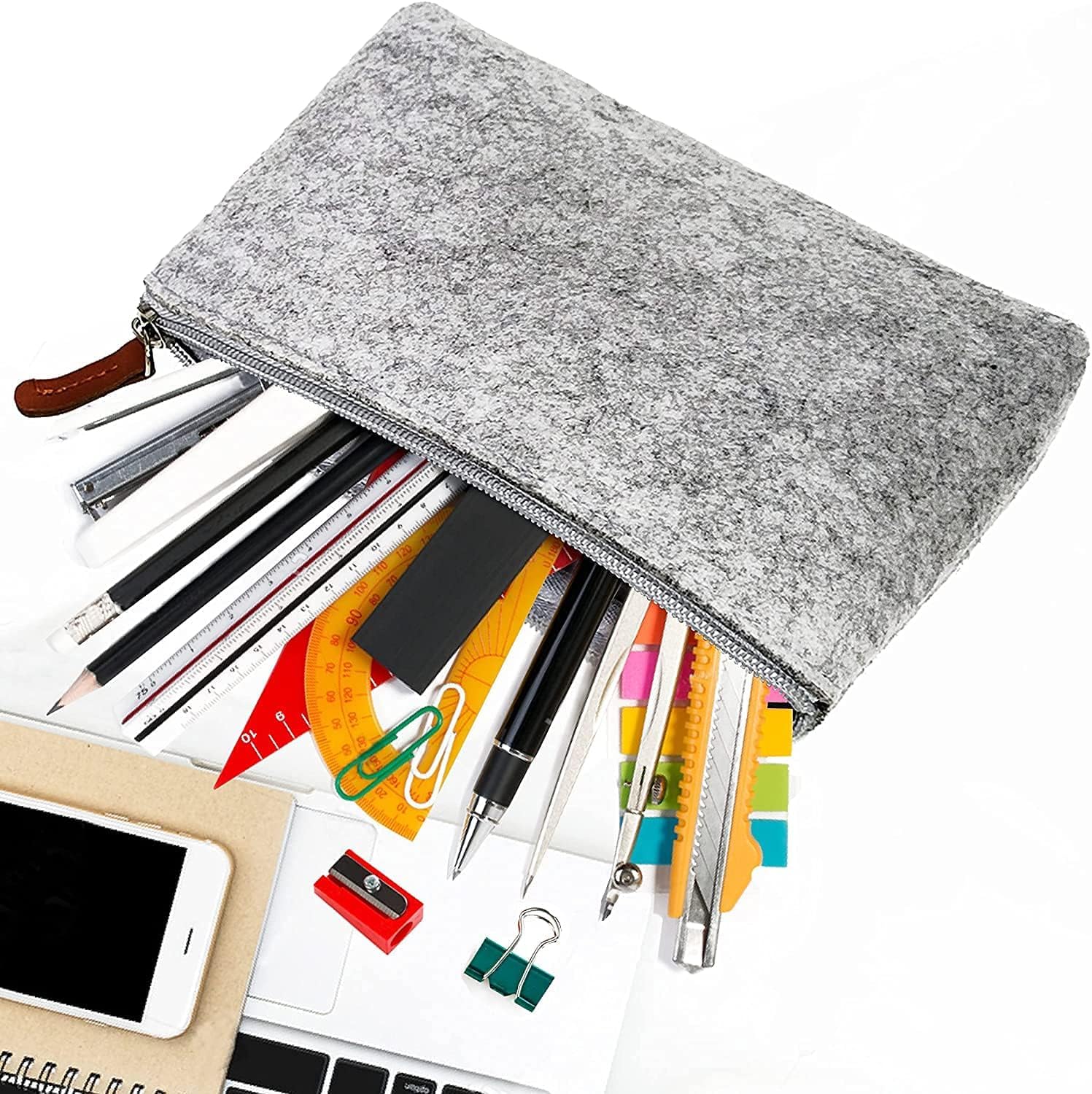 LATRAT Lot de 2 trousses à crayons en feutre avec fermeture éclair - Pour stylos, crayons, marqueurs lumineux, stylos gel et autres fournitures scolaires - Pour l'école et le bureau, gris, Mode