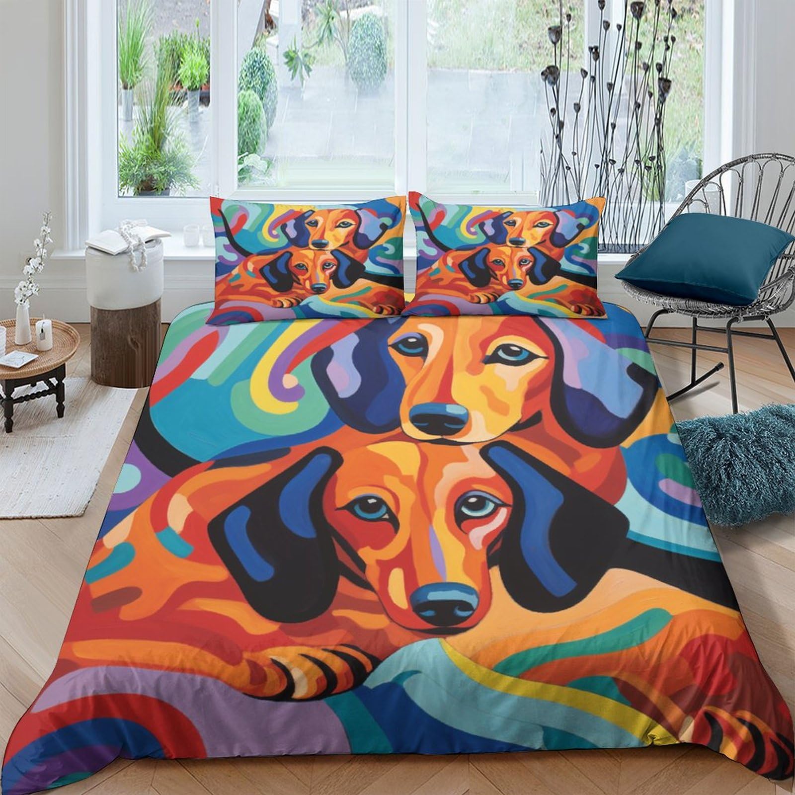 GOOSMI Dachshund 3D Print Dogs for Teens And Adults Quilt Cover Duvet Cover Comforter Covers Bedding Set with Zipper Closure Soft Microfiber with Pillow Cases 3 Pieces Double（200x200cm）