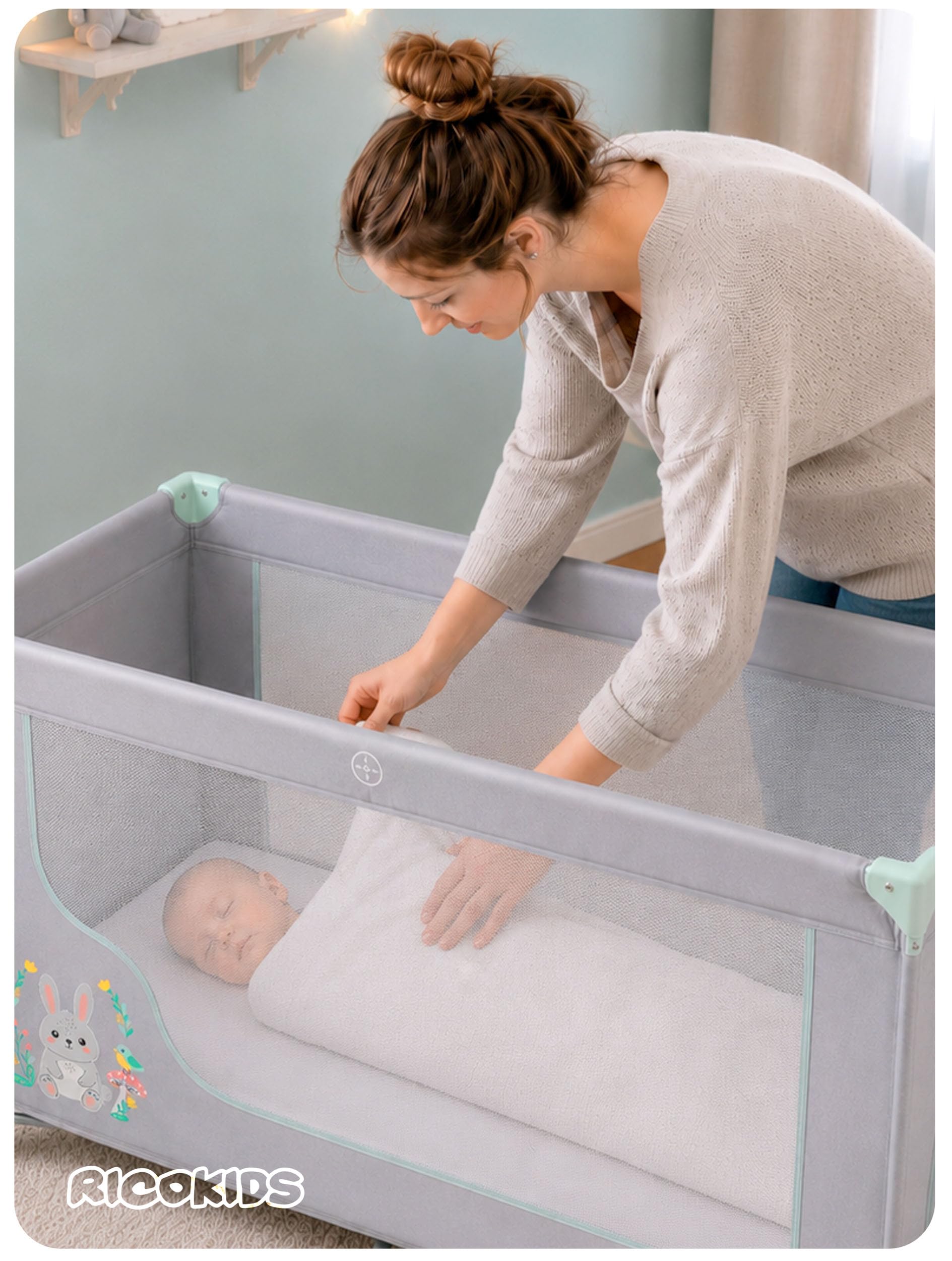 Ricokids Reisebett Baby Mit Matratze 123,5 x 64 x 76 cm Kinderreisebett Babybett Bis 15 kg 2 Räder Mit Bremsen Abnehmbarer Seiteneingang Transporttasche Faltbar Kompakt Hellgrau Lavendel