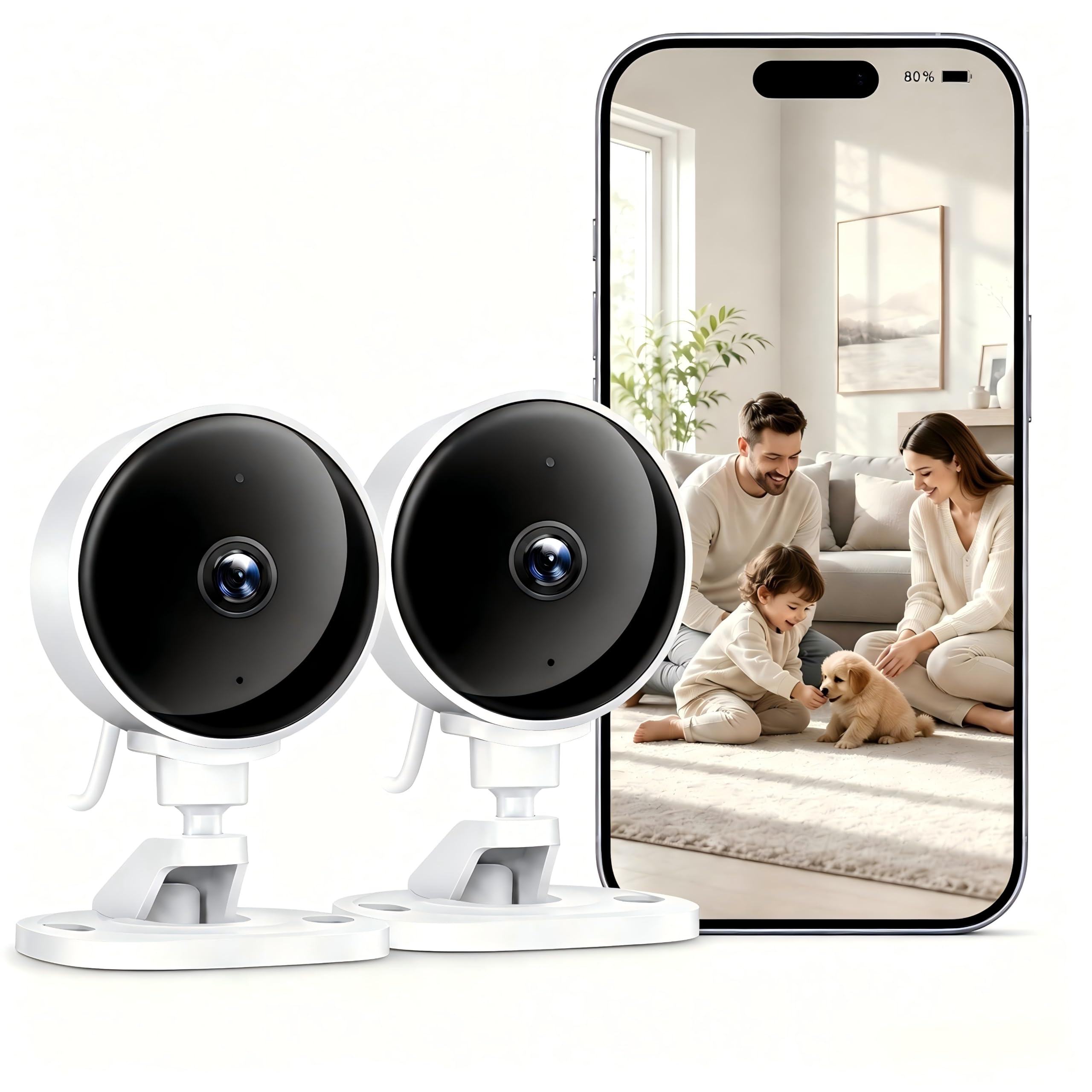 WOLFANG Kamera wewnętrzna 1080P kamera bezpieczeństwa 2 opakowania kamery CCTV House Security-2, wykrywanie ruchu/dźwięku, domowa kamera bezpieczeństwa, 2-drożny dźwięk, noktowizor, alarm w