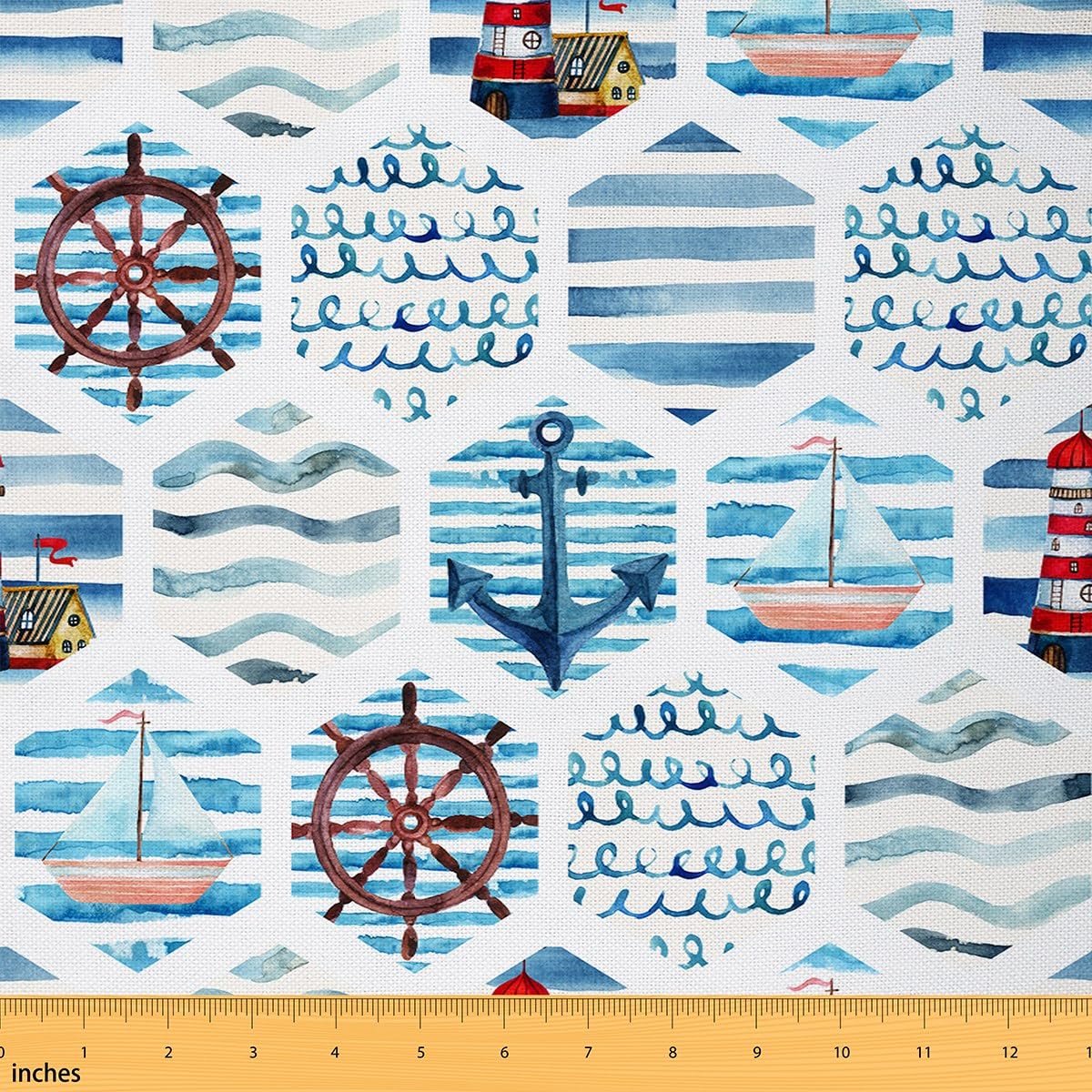 Richhome Multi 01 Ocean Anchor Fabric By The Yard,Watercolor Blue Stripes Upholstery Fabric,Nautical Sailboat Rudder Sea Wave Decorative Fabric For Diy,Coastal Seaside Cabin Lighthouse Sewing Supplies,1 Yard