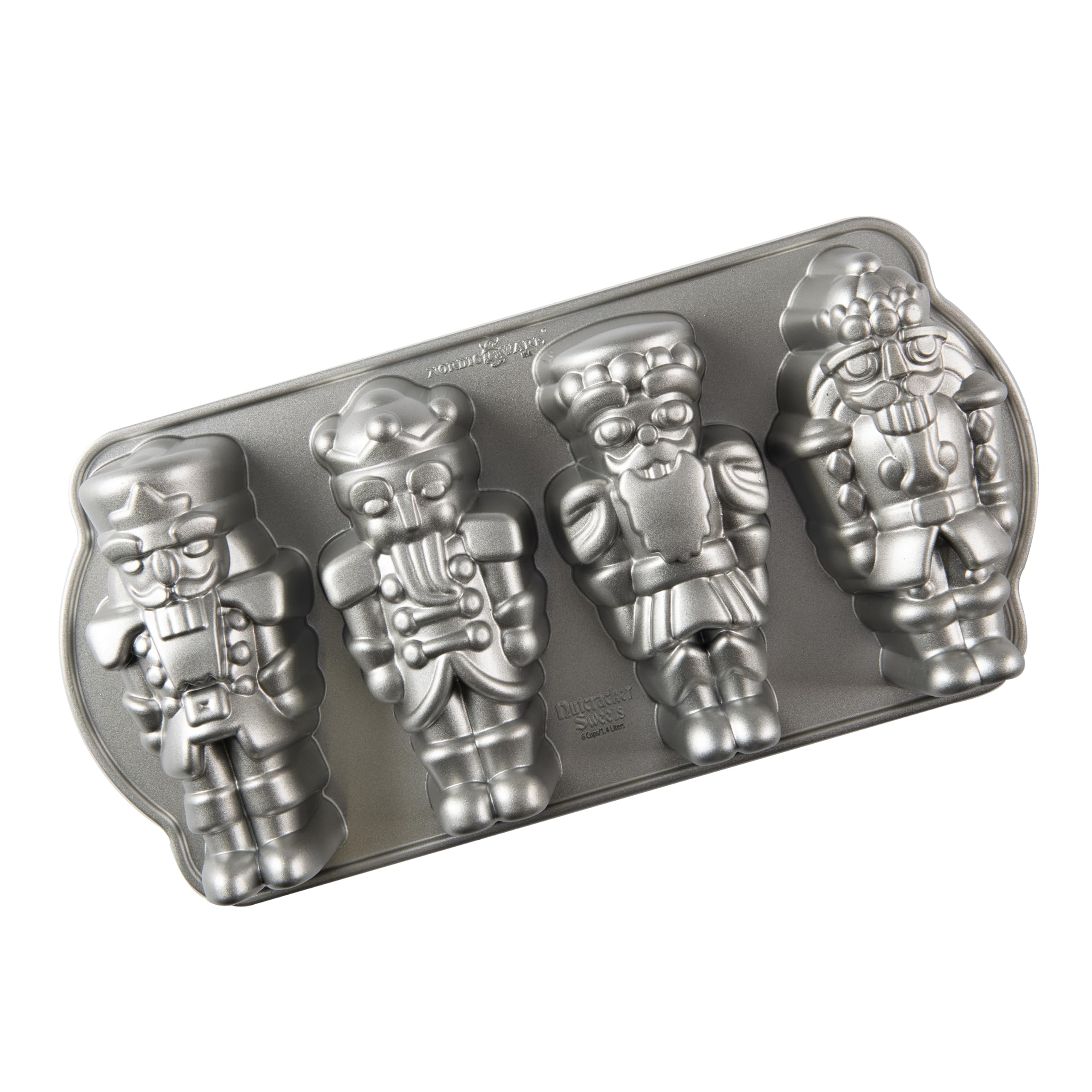 Nordic Ware Nutcracker Sweets Cakelet Pan, Christmas Baking Tin, Cast Aluminium Cake Tin, Muffin Tray for Mini Cakes, Made in The USA, Colour: Silver
