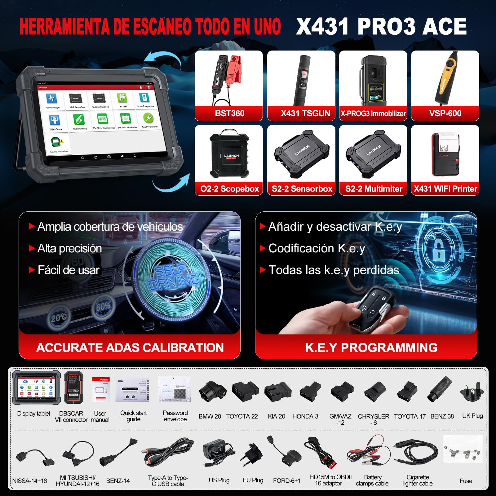 LAUNCH X431 PRO3 Ace OBD2 Diagnosis Coche Multimarca DBScar Bluetooth, Mapeo Topológico, Codificación ECU, CANFD&DoIP, 55+ Servicios, Función SGW, Vehículo Pesado Expanda Escáner, Guiada V.A.G.