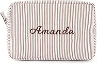 MTWORLD Personalized Seersucker Cosmetic Bag - Custom Monogram Makeup Pouch for Women, Bridesmaids, Travel Toiletry Bag (Brown)