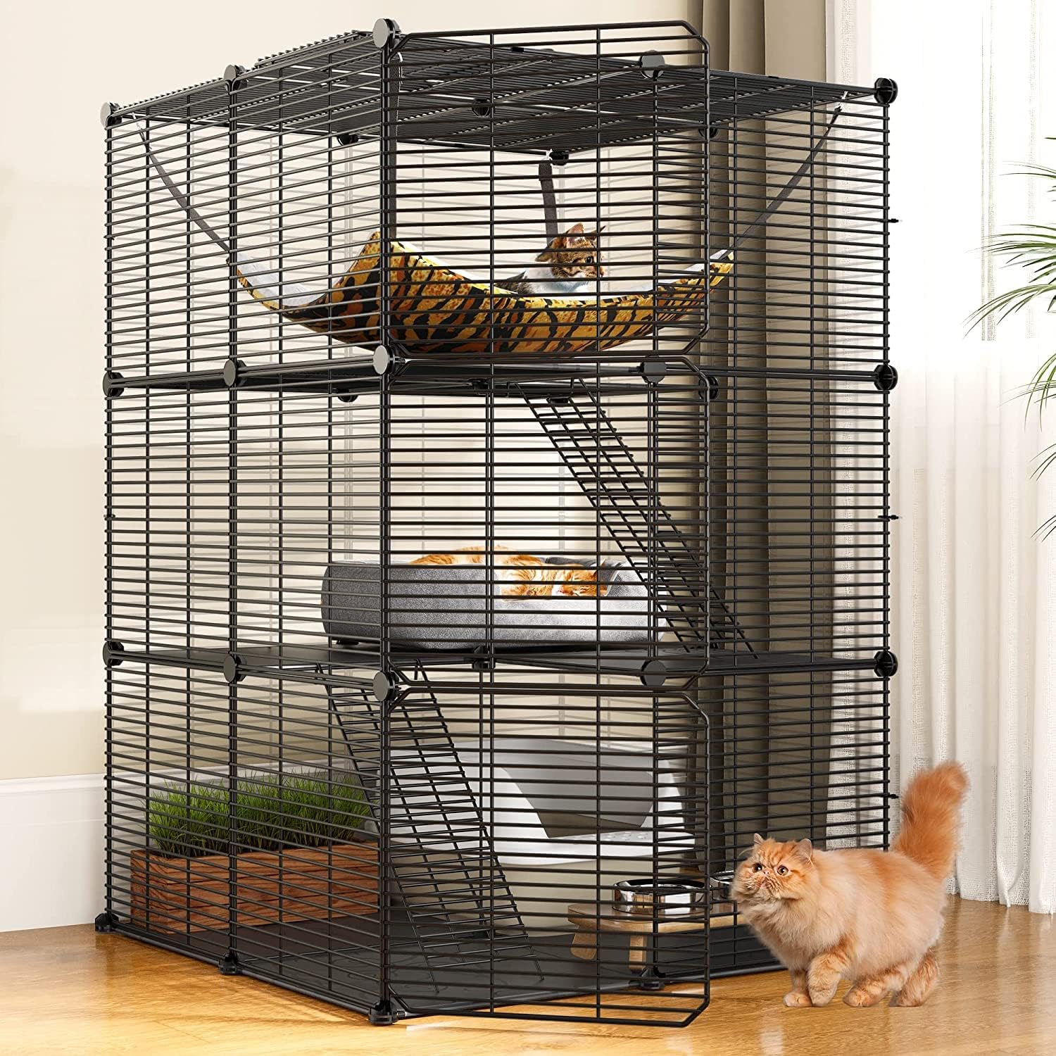 3-Tiers s DIY Indoor Cat Enclosures Metal Cat Playpen with Free Hammock Ideal for 1-2 Cats,Black