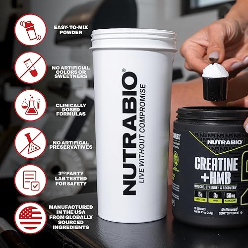 Miniatura 7 de NutraBio Creatina + HMB- Monohidrato de creatina con polvo HMB para crecimiento muscular, mayor fuerza, 30 porciones (Paradise Punch)