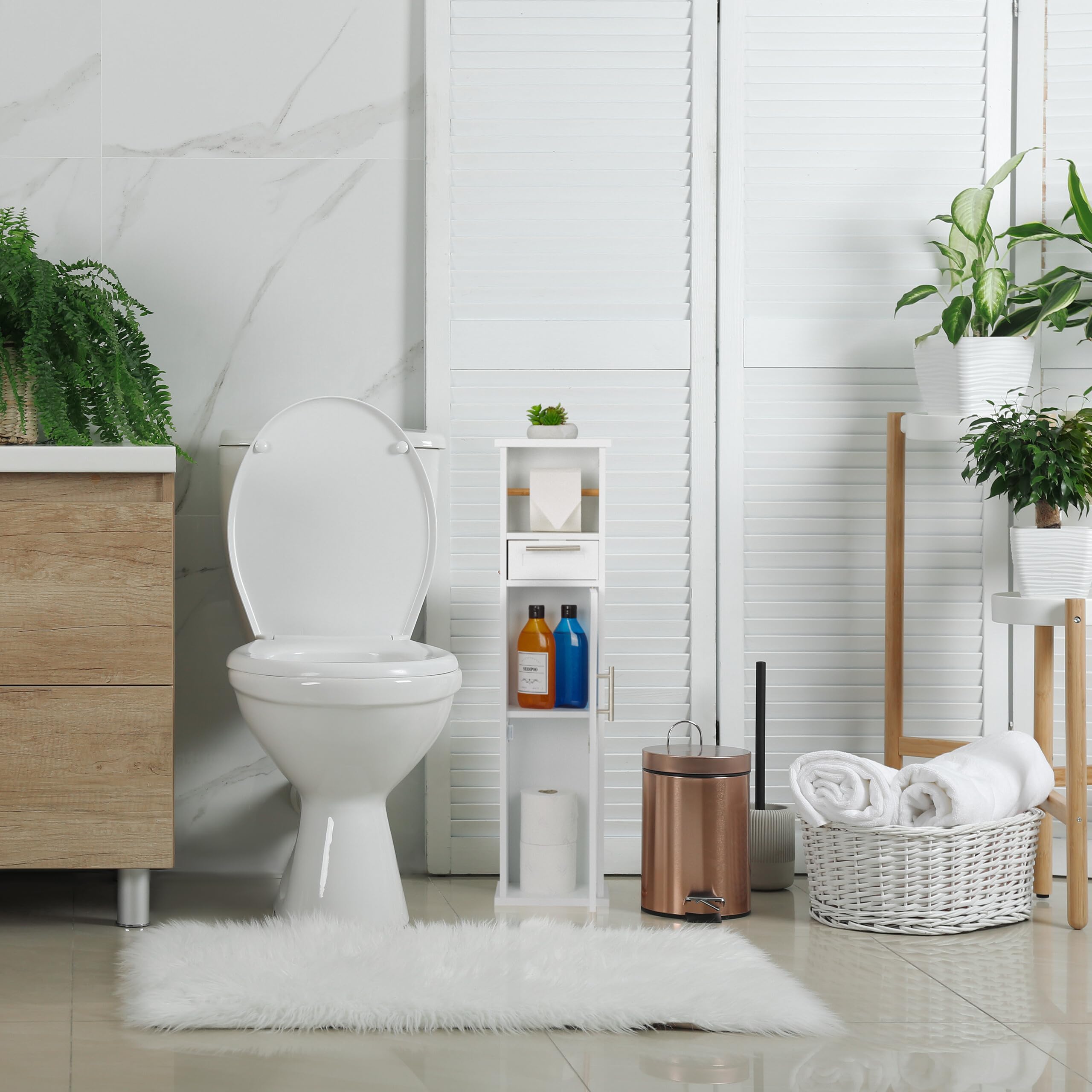 Relaxdays Porta Carta Igienica da Bagno, Mobiletto Autoportante Salvaspazio, con Cassetto, HLP 87,5x22x17,5 cm, Bianco