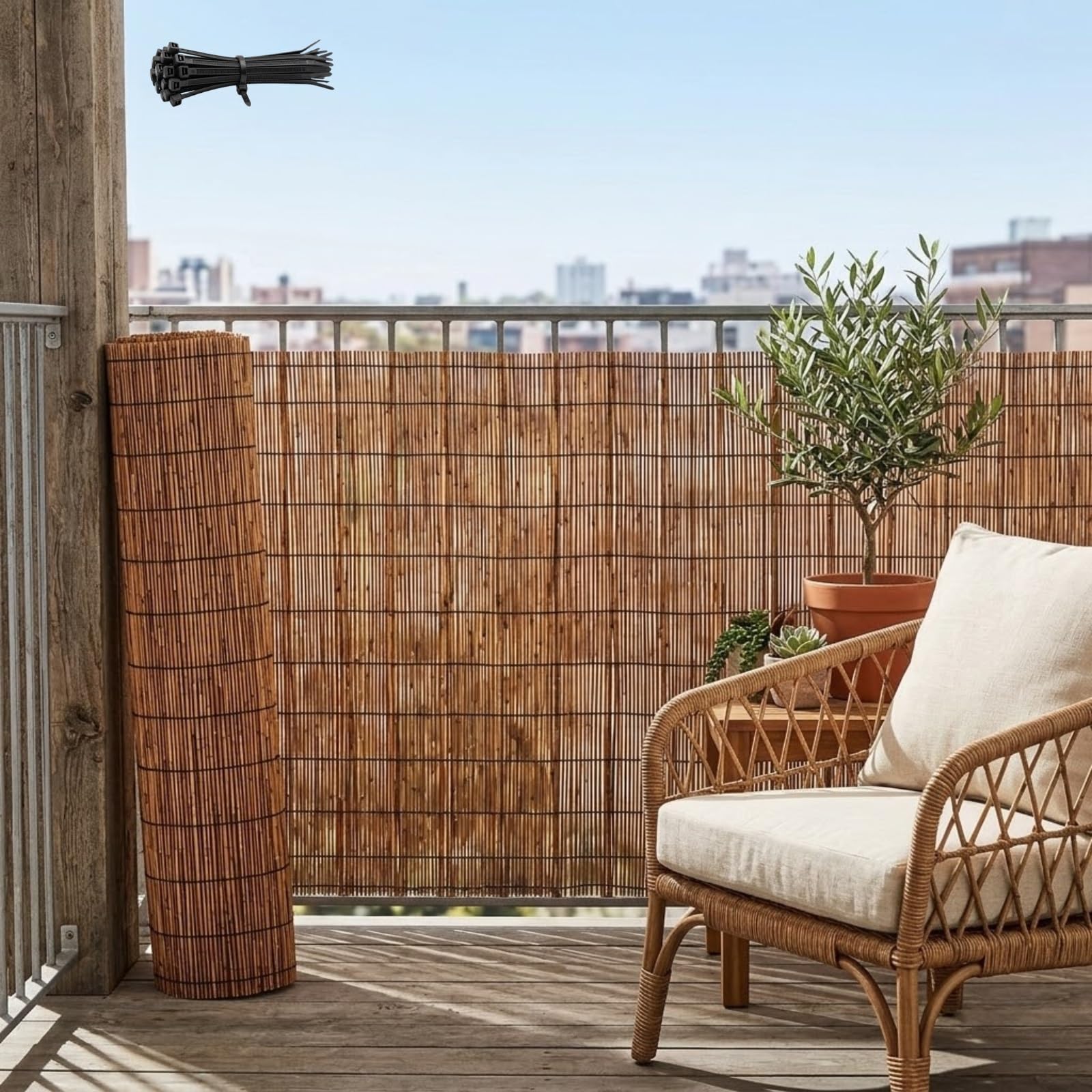 Natural Peeled Reed Fencing Screening Roll, Extra Thick Bamboo Fence Panels, Roll Up Balcony Privacy Screen Fence Cover for Garden Wind and Sun Protection(Brown,122x884cm(4x29ft))
