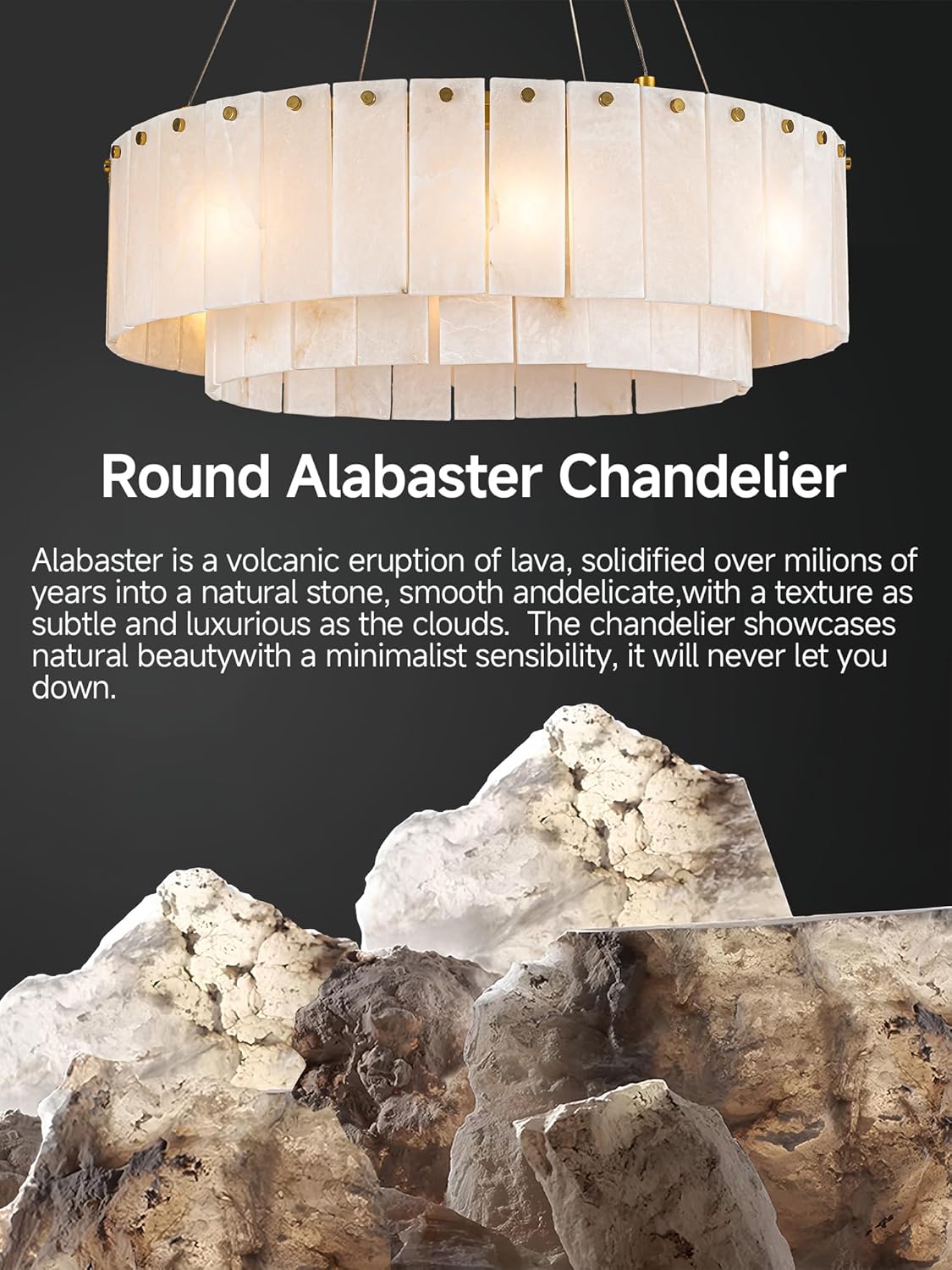 Alabaster Chandelier Round,Modern Drum Chandeliers,Spanish Marble Pendant Light Fixture for Living Room,Dining Room,Bedroom,Foyer,Kitchen Island,D24 inchs,8-Lights G9
