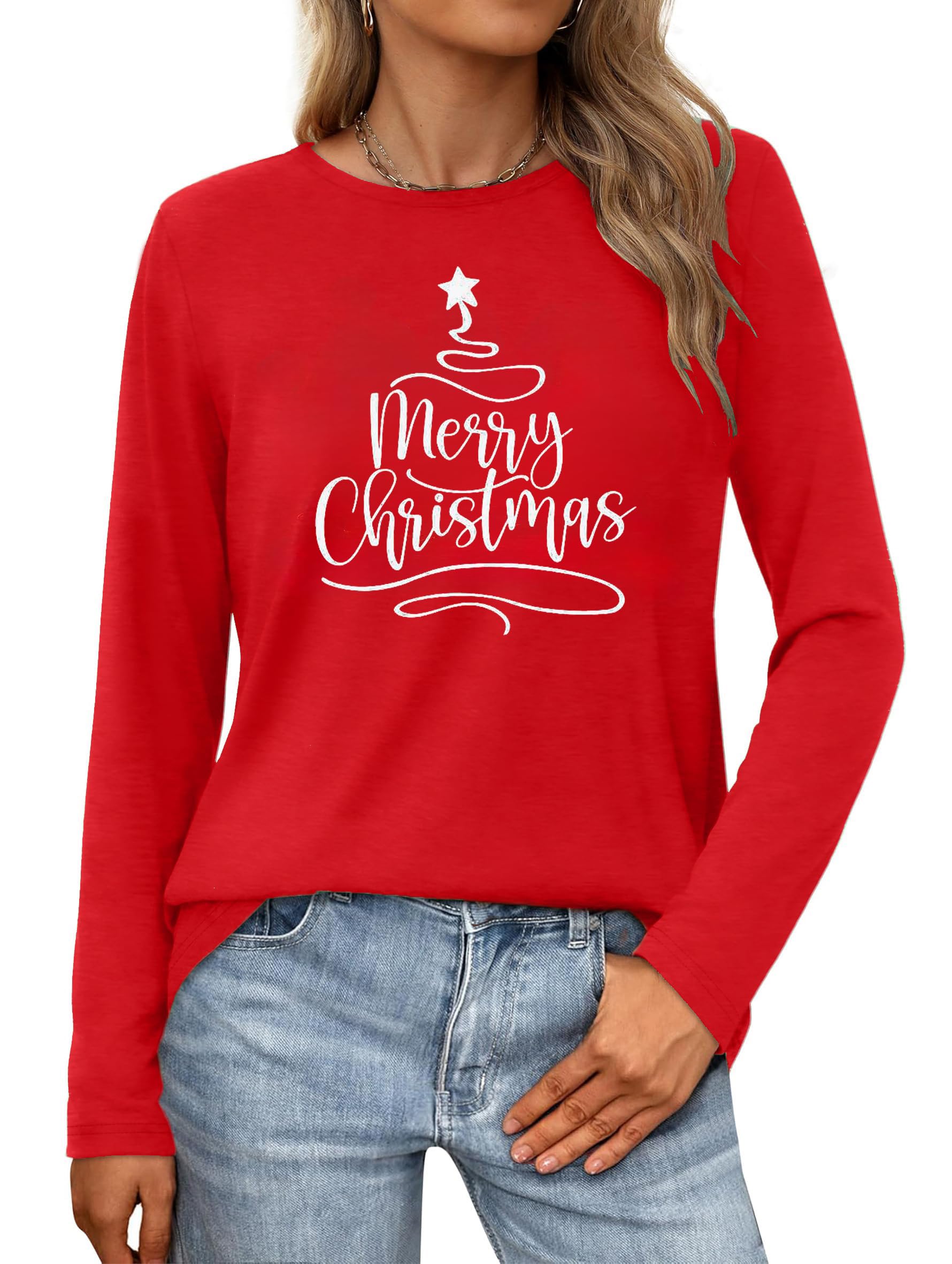 Christmas Shirts for Women: Merry Christmas Long Sleeve Shirt Cute Xmas Tree Holiday Pullover Tops