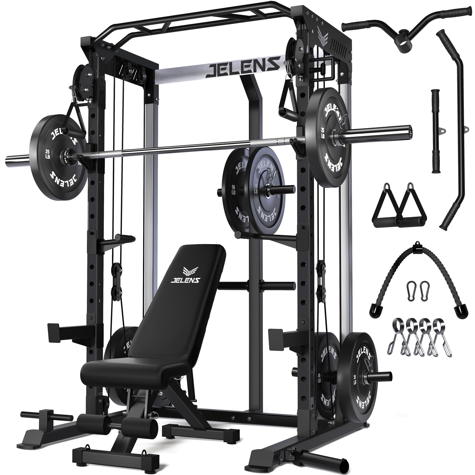 JELENS C21 Power Cage, 2000LBS Multi-Function Power Rack with Independent Dual Pulley System, All-in-One Squat Rack for Cable Crossover, Home Gym Workout Machine