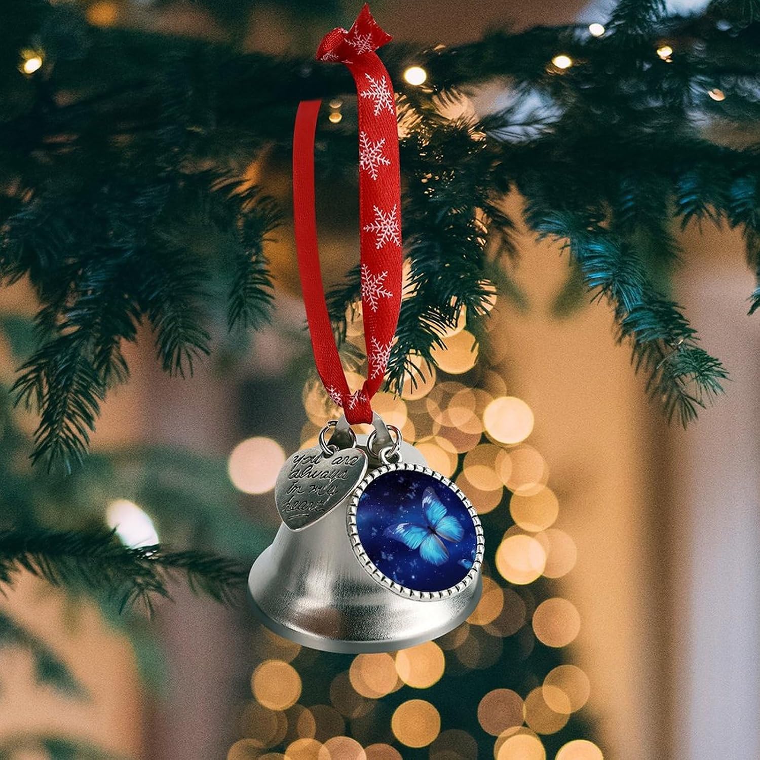 Blue Starry Butterfly Bell Ornament Red Ribbon for Christmas Tree Holiday Decoration Personality Believe Bell Ornaments Sleigh Bells for Winter New Year Party Supplies