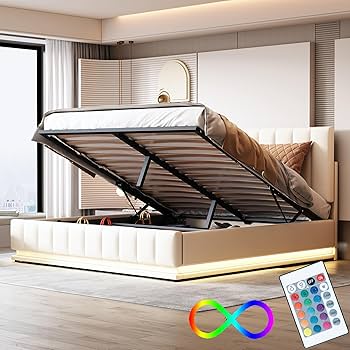 ベッドフレーム BED + MATTRESS with storage - 160x200 cm Bed 160 x 200 cm with LED and Storage Space, Upholstered Bed 160 x
