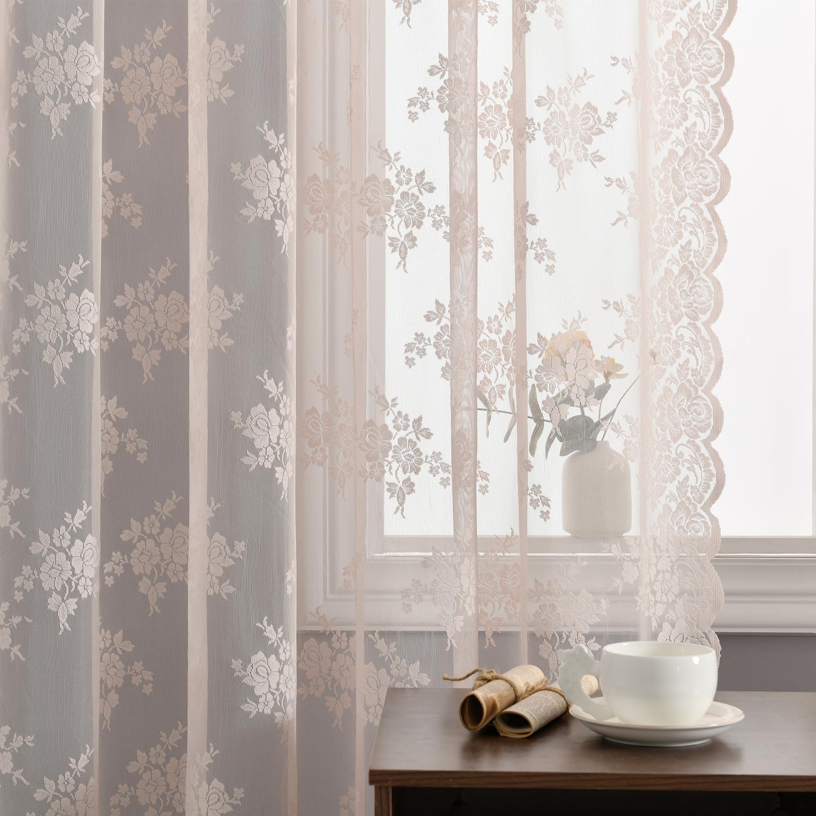 Kotile Blush Pink Sheer Curtains 54 Inch Length, 2 Panels, W42 x L54 Inch Each, Country Rustic Floral Coquette Lace Curtains for Girls Bedroom, Rod Pocket Privacy Light Filtering Lacy Window Curtain