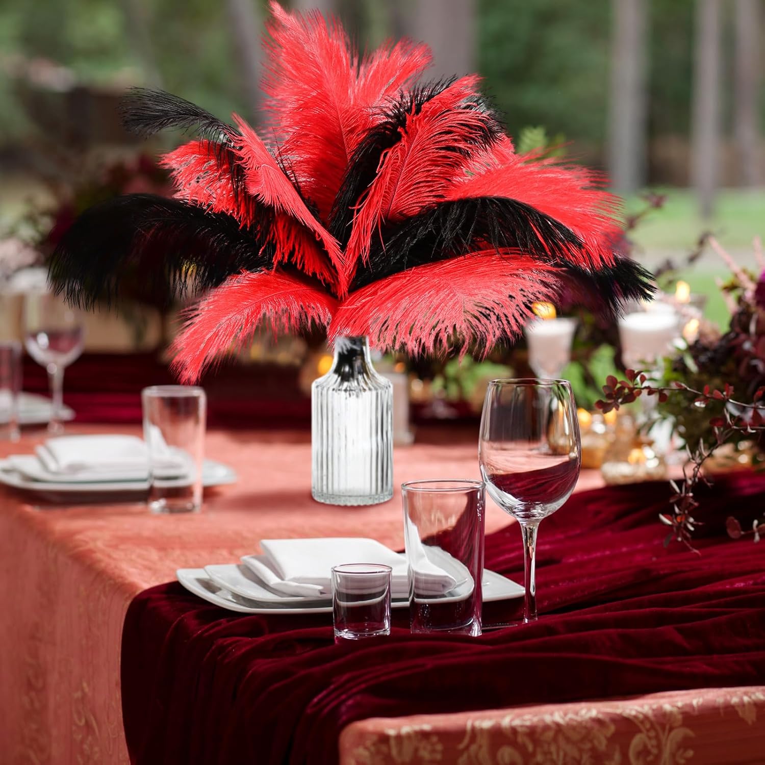 XunYee 60 Pcs 1920s Natural Ostrich Feathers Bulk 10-12 Inch/ 12-14 Inch Natural Large Feather for Wedding Dancing Birthday Party Centerpieces Carnival Decorations(Red, Black)