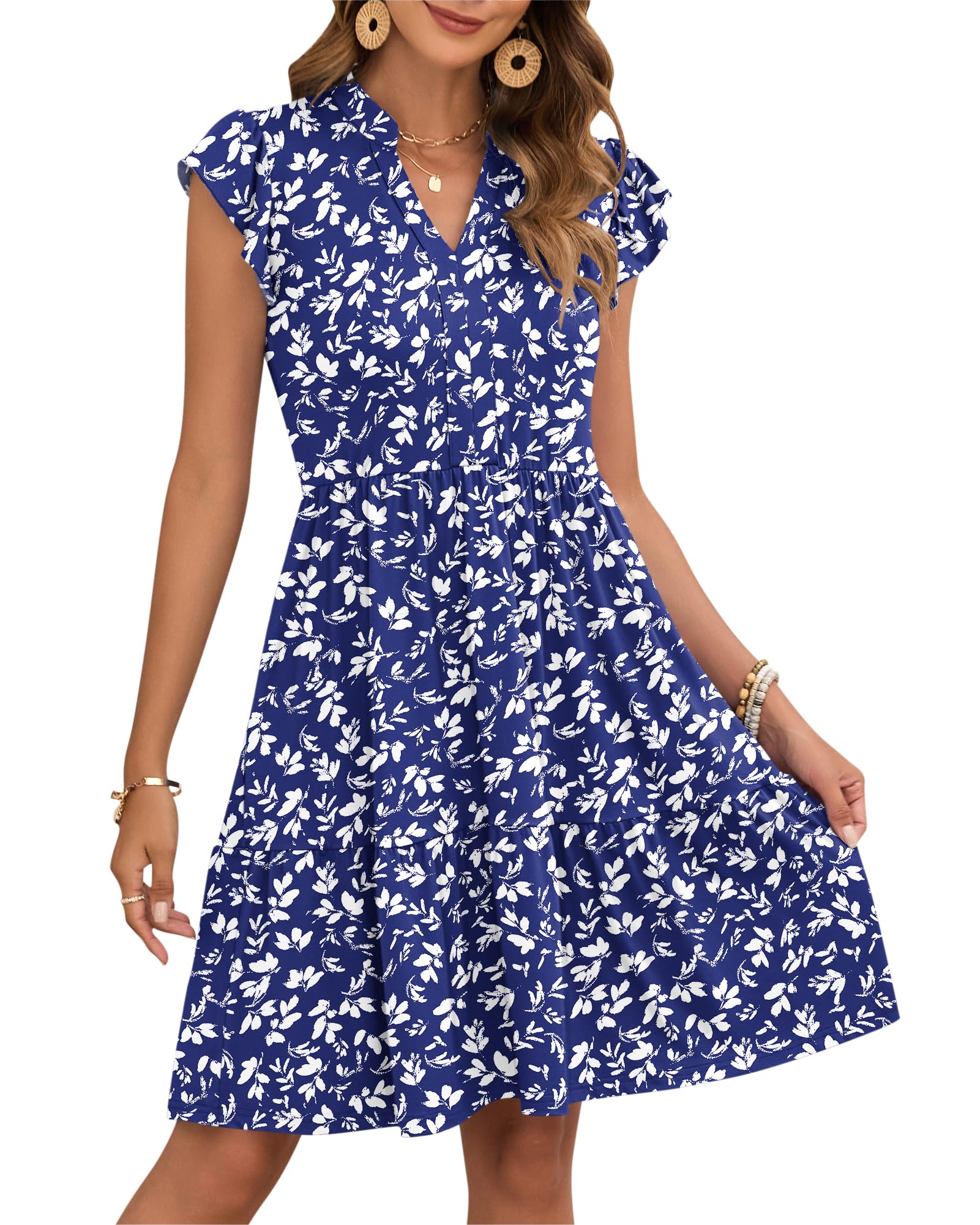 AUSELILY Vestito Donna Estivo con Scollo a V Maniche a Volant Mini Abito Vita Elastica Vestiti Casual con Tasche